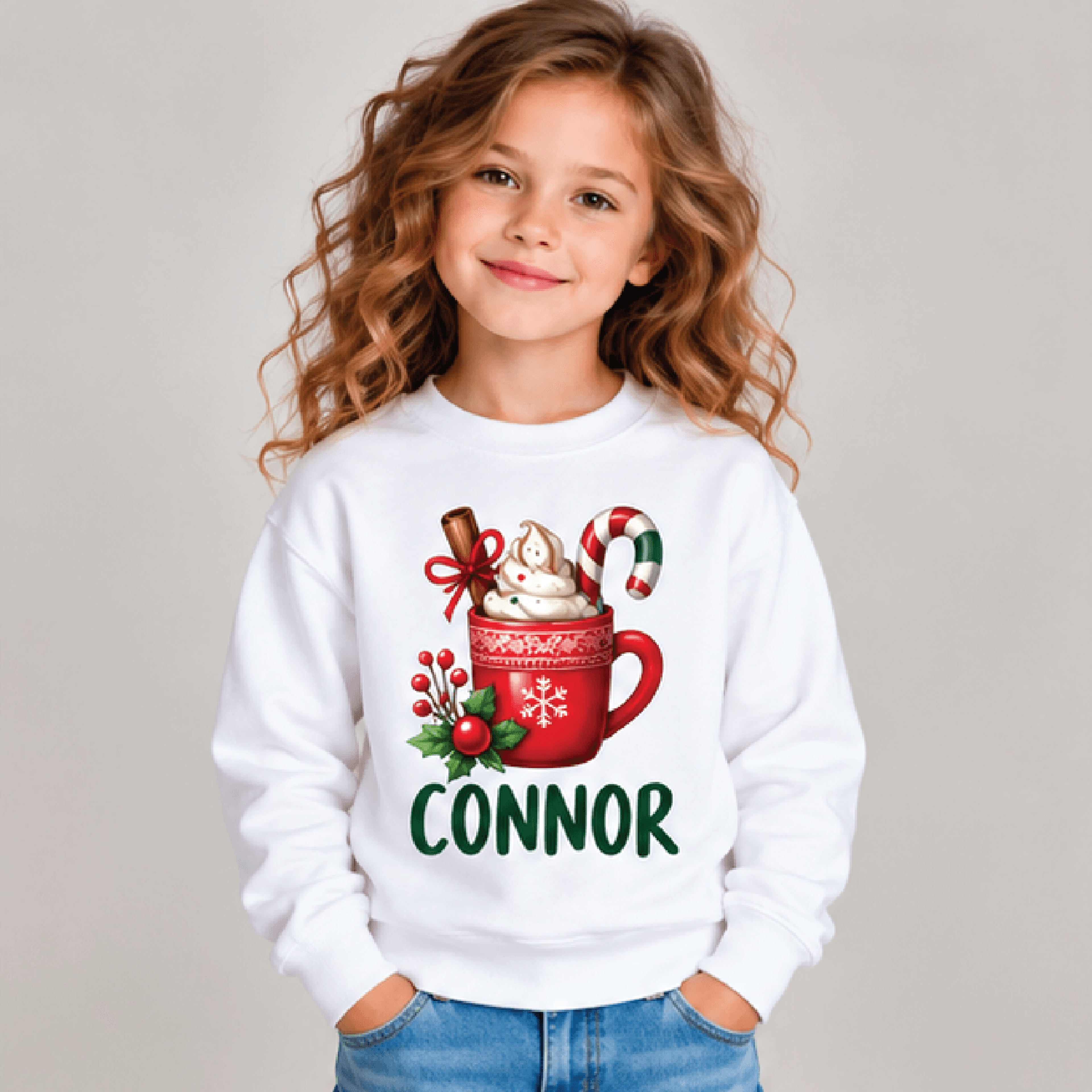 personalized christmas hot cocoa sweatshirt, kids youth unisex custom name crewneck, candy cane holiday winter sweater g