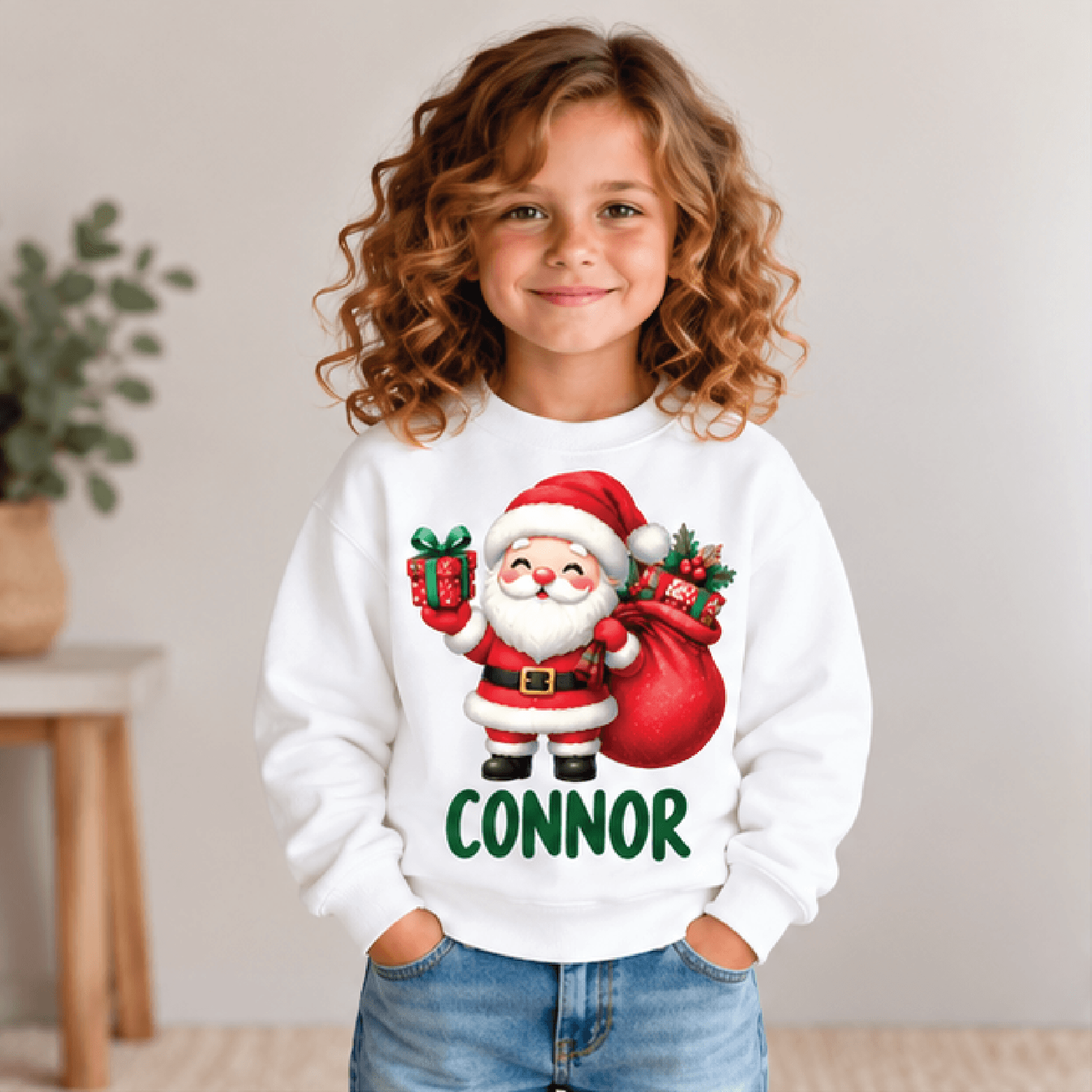 personalized santa christmas sweatshirt, kids youth unisex custom name crewneck, cute santa gift sack holiday sweater gi