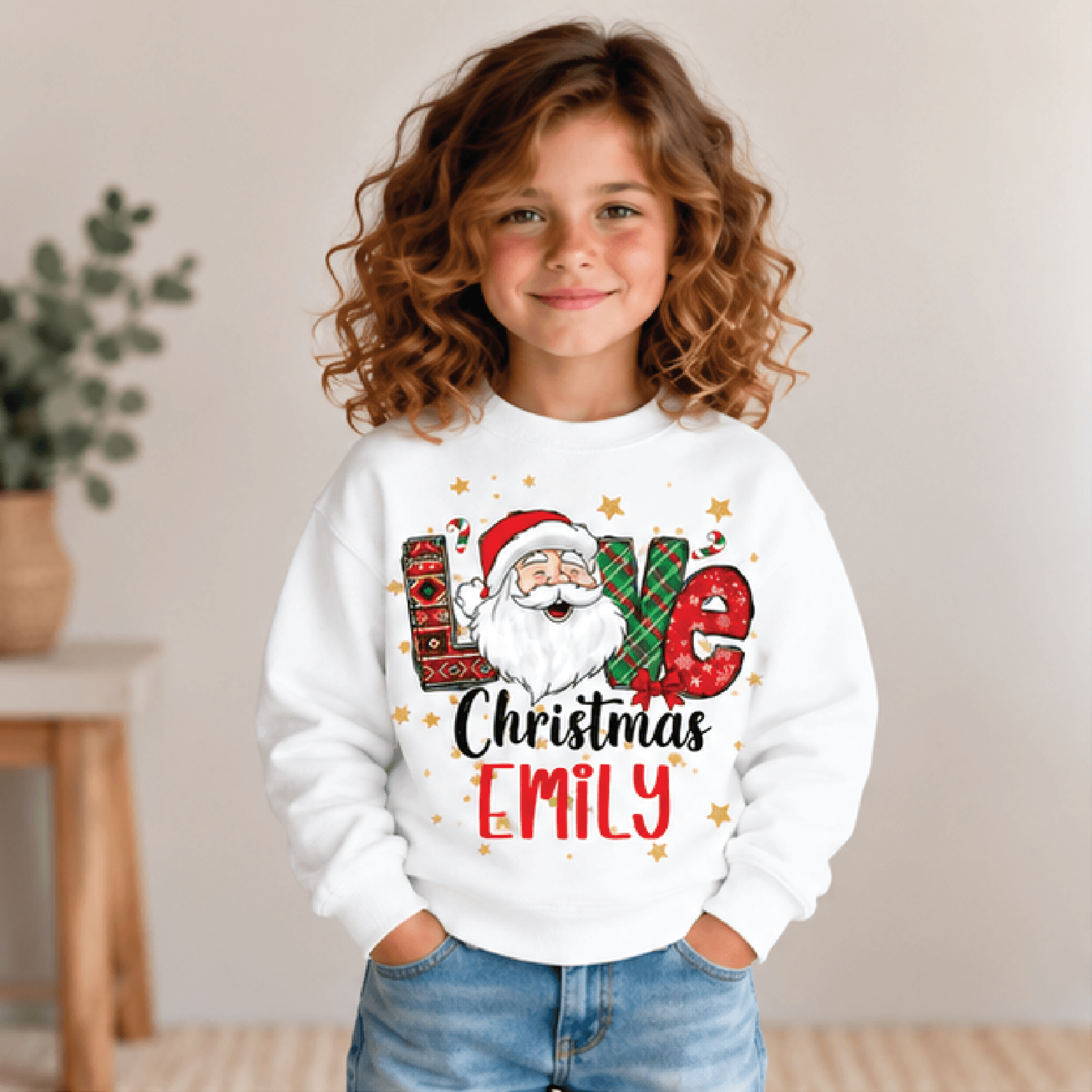 personalized love christmas santa sweatshirt, kids youth unisex custom name crewneck, cute holiday santa sweater gift