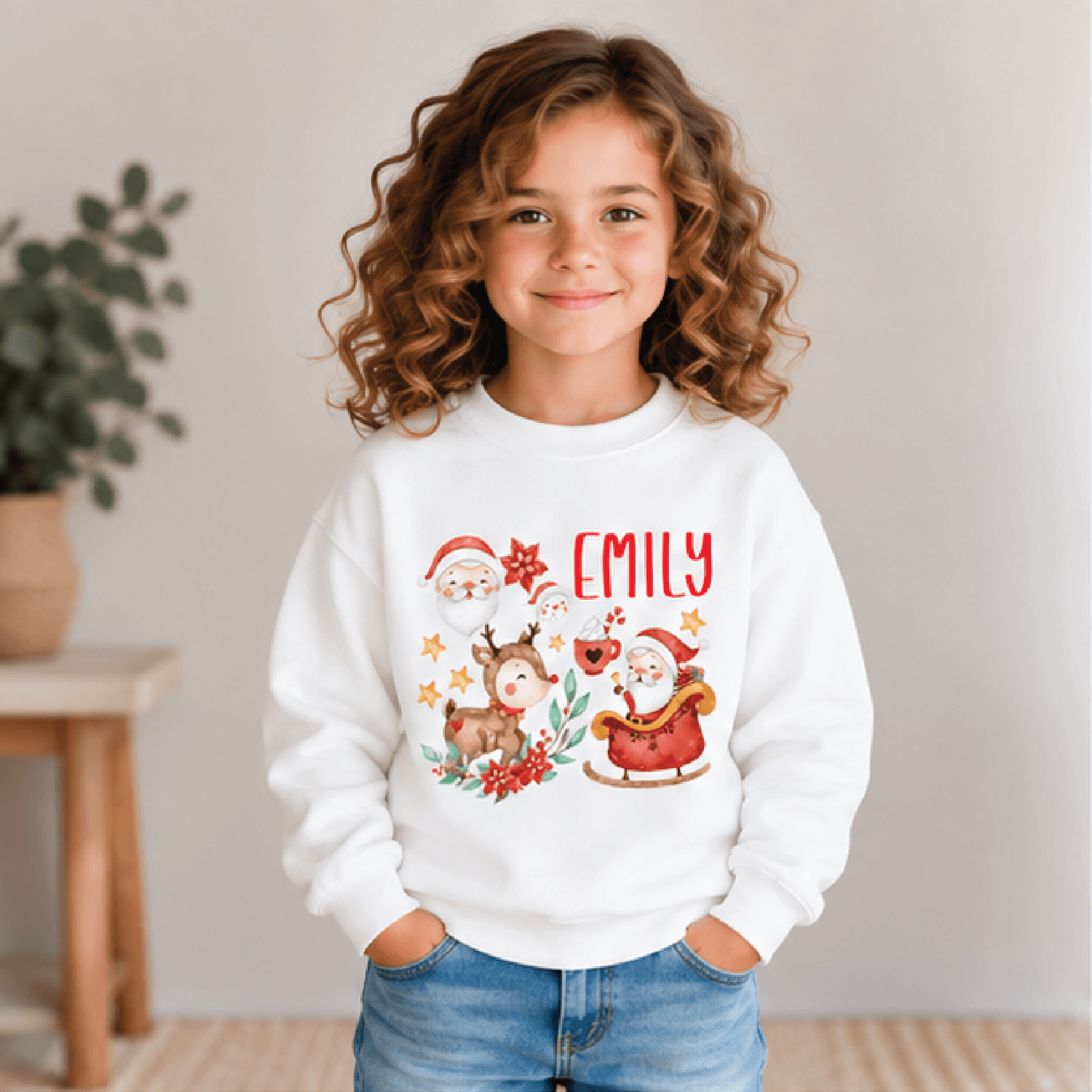 personalized santa reindeer christmas sweatshirt, kids youth unisex custom name holiday crewneck gift