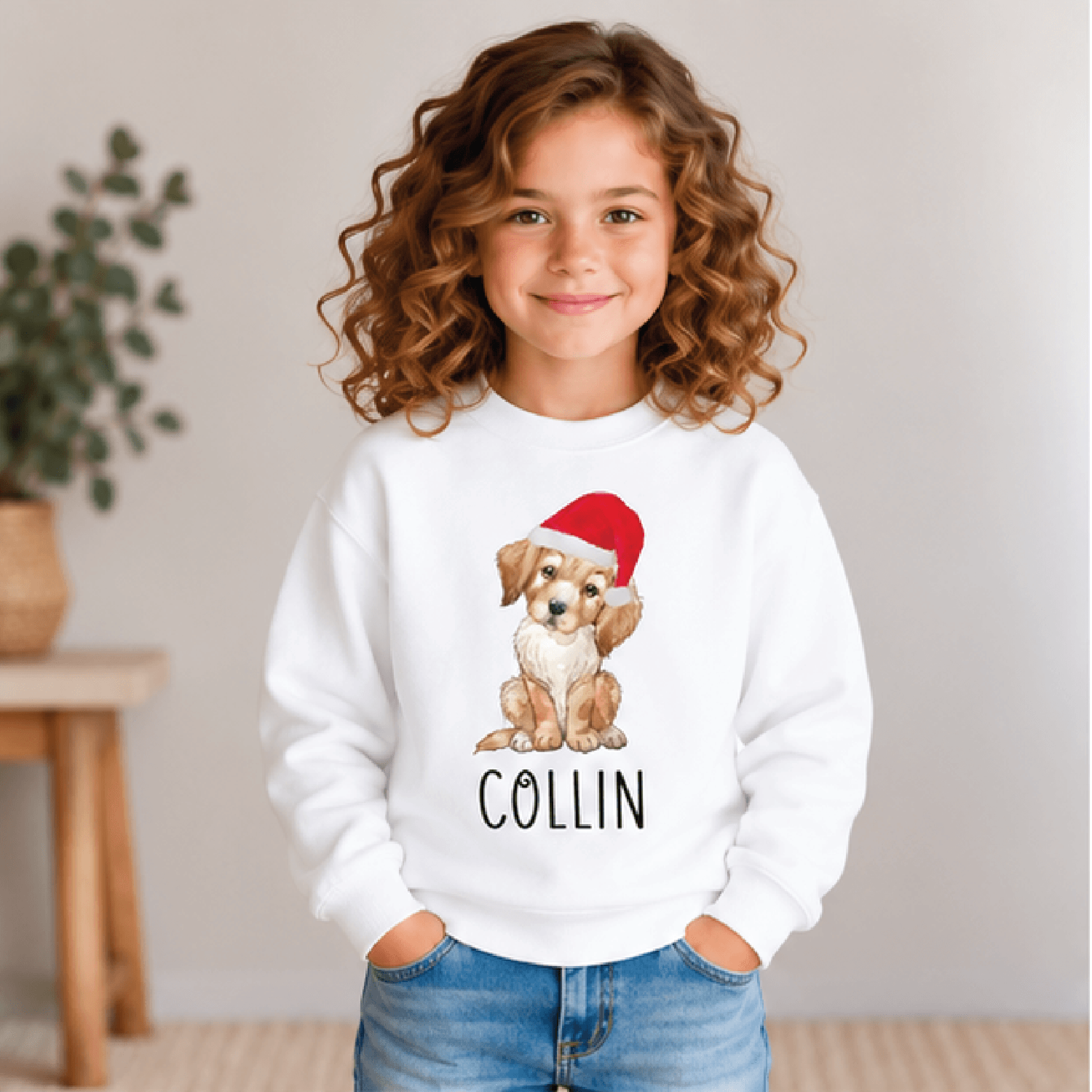 personalized christmas puppy sweatshirt, kids youth unisex custom name santa dog holiday crewneck gift