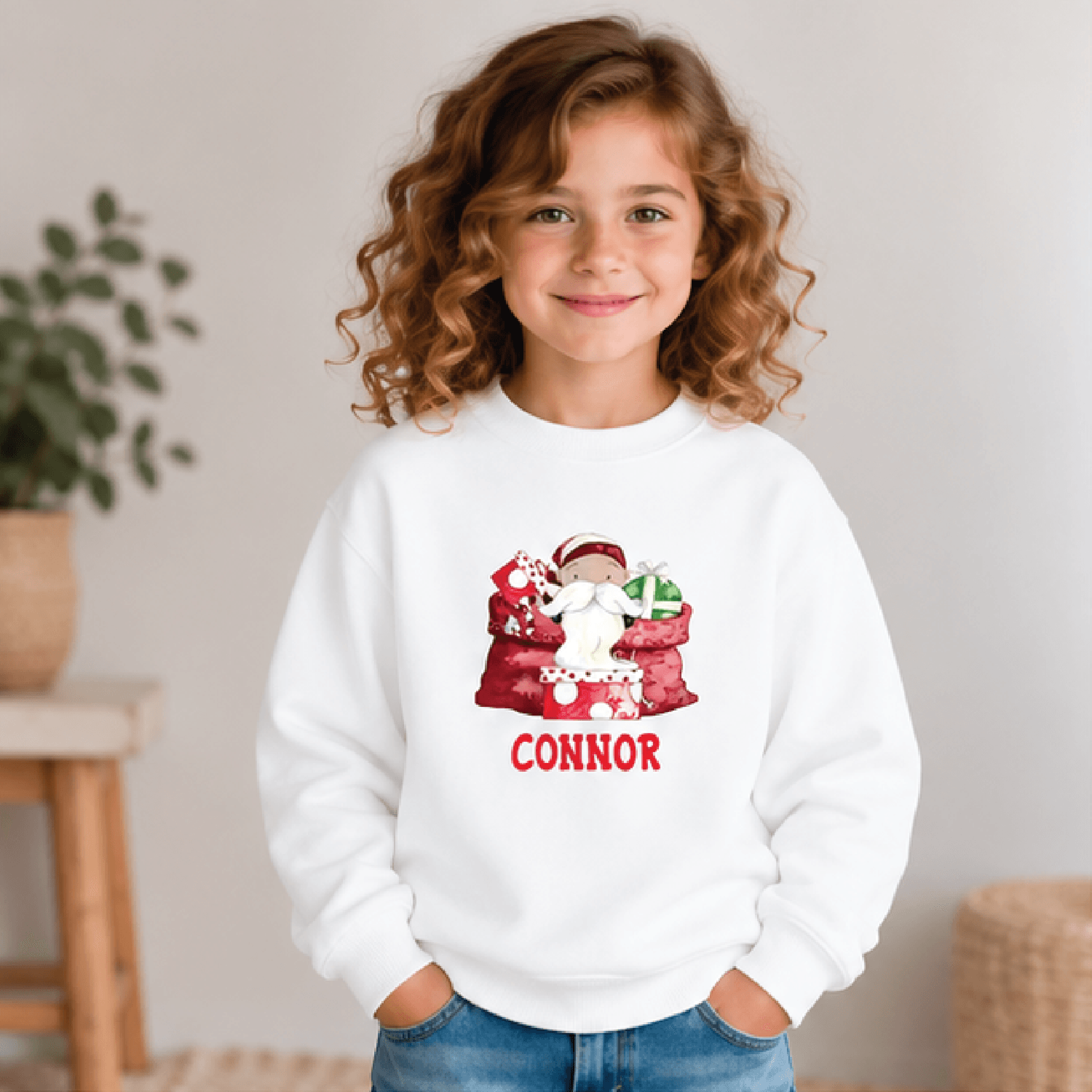 personalized santa christmas sweatshirt, kids youth unisex custom name gift box holiday crewneck sweater