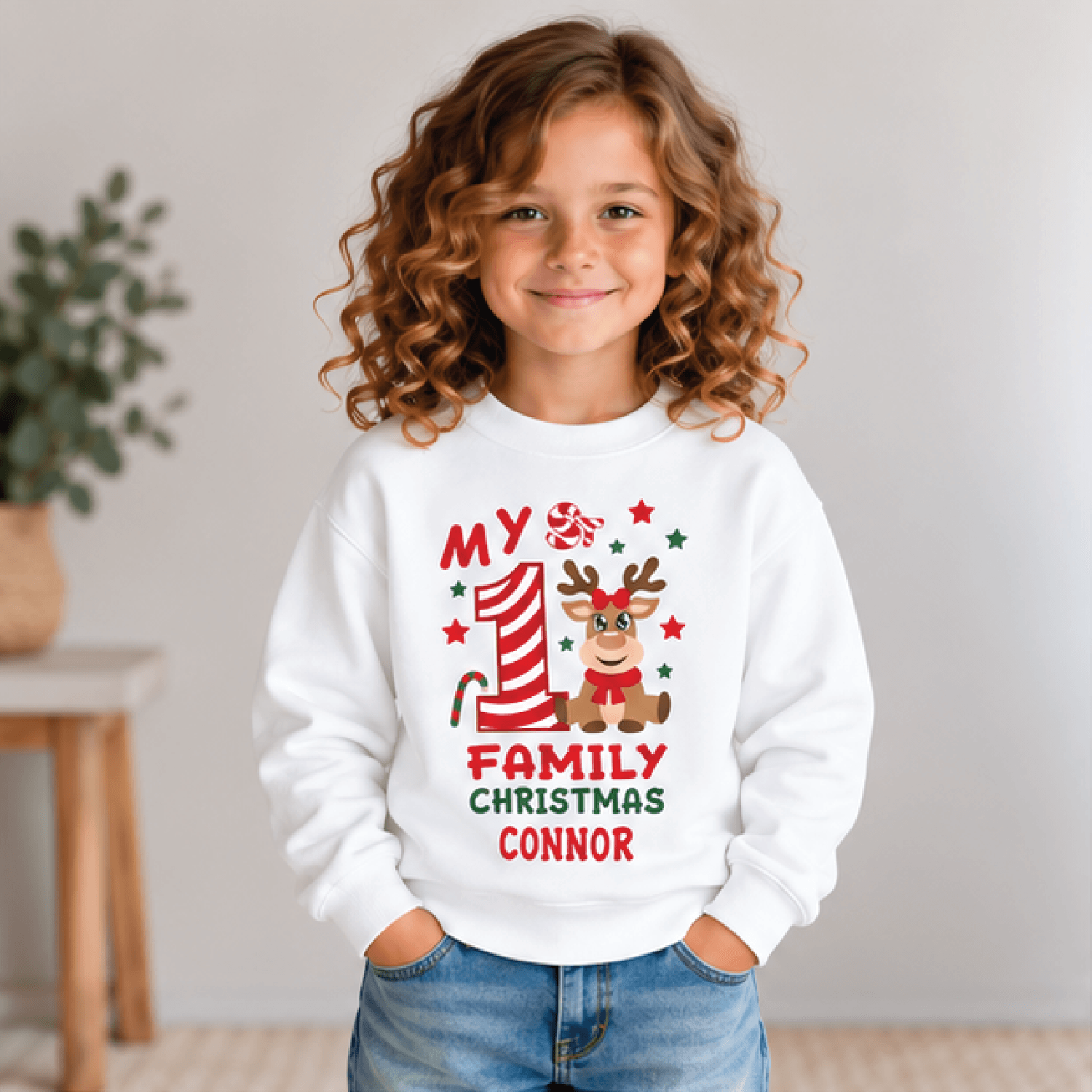 personalized my first family christmas sweatshirt, kids youth unisex reindeer custom name holiday crewneck gift