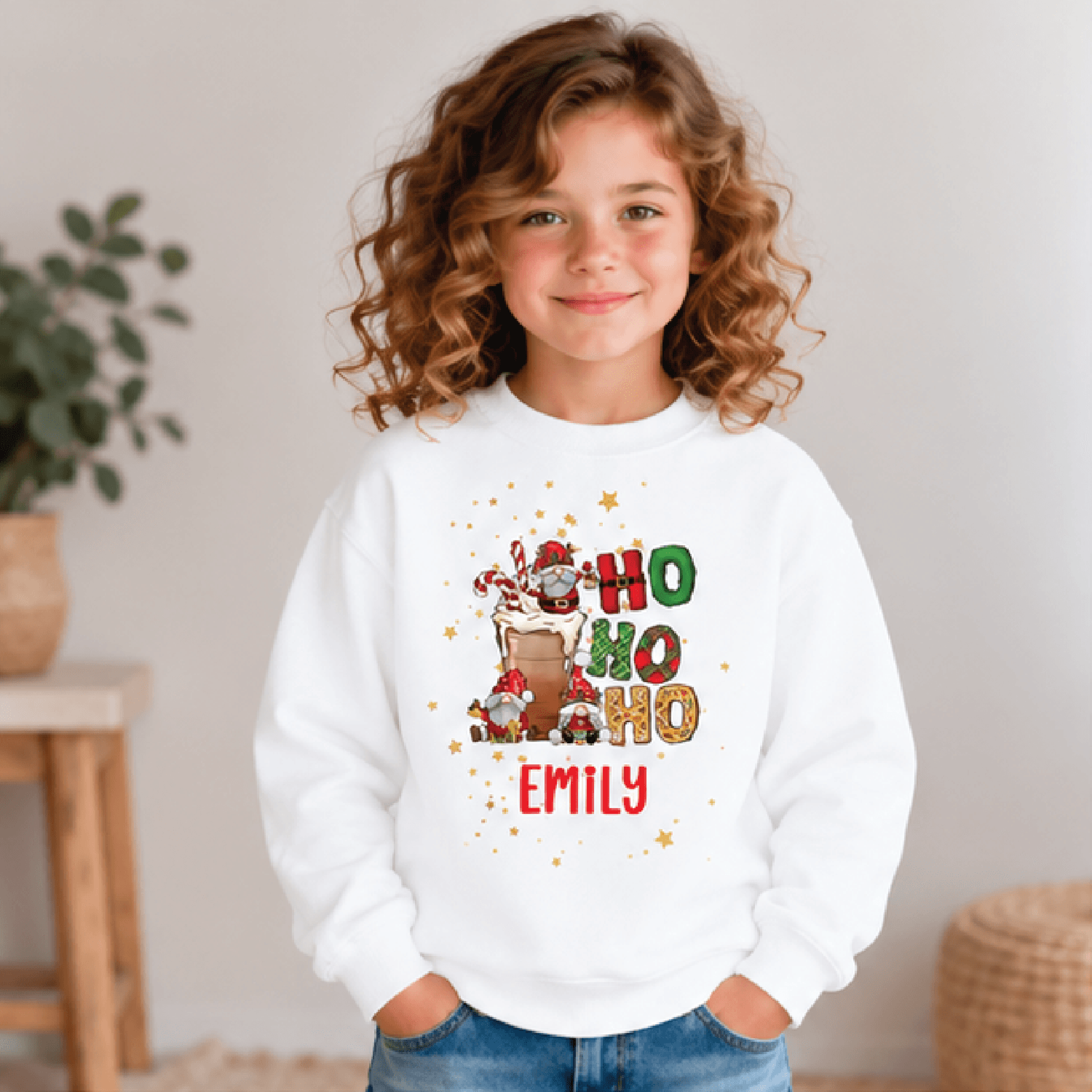 personalized ho ho ho christmas sweatshirt, kids youth unisex custom name santa gnome holiday crewneck festive sweater g