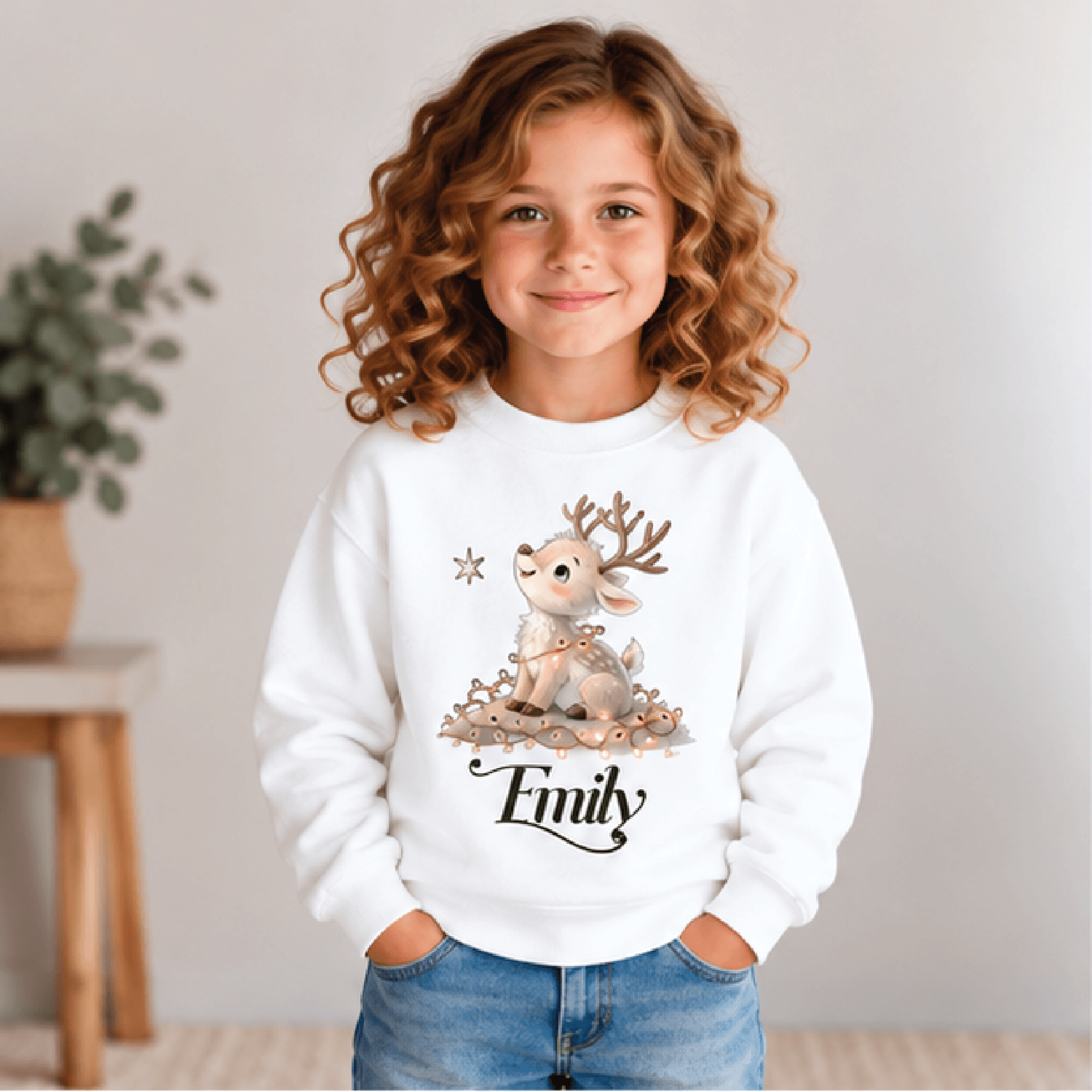 personalized christmas reindeer sweatshirt, kids youth unisex custom name cute reindeer holiday crewneck winter sweater