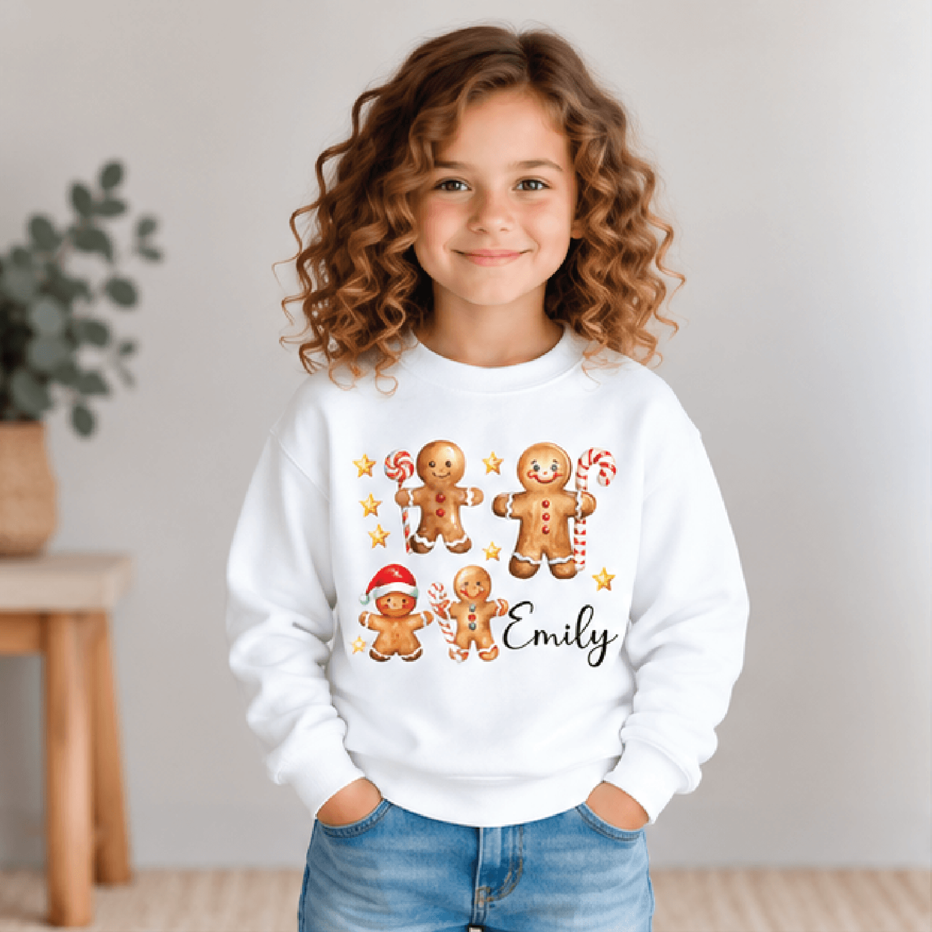 personalized gingerbread christmas sweatshirt, kids youth unisex custom name candy cane holiday crewneck festive sweater
