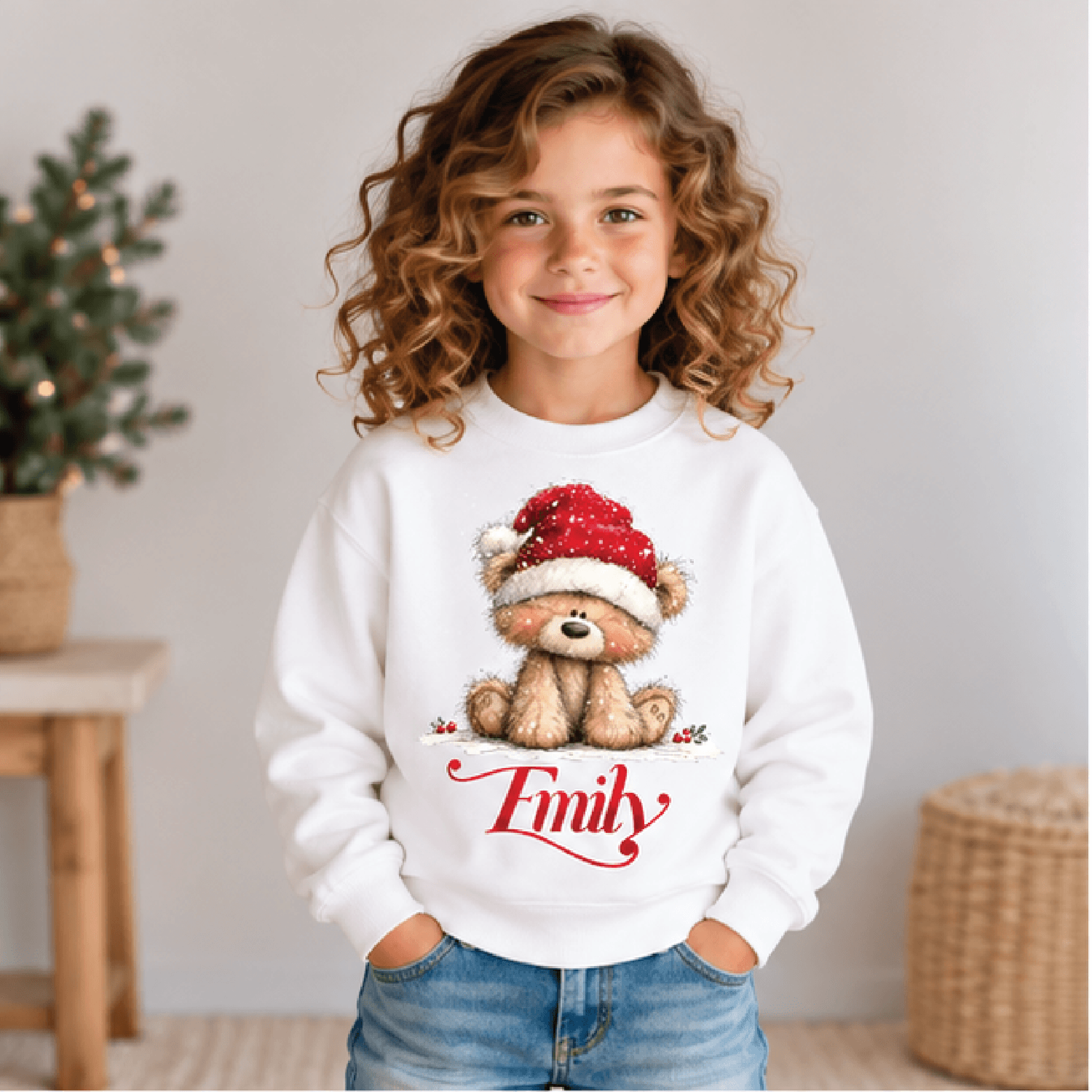 personalized christmas teddy bear sweatshirt, kids youth unisex custom name santa hat winter holiday crewneck cute bear