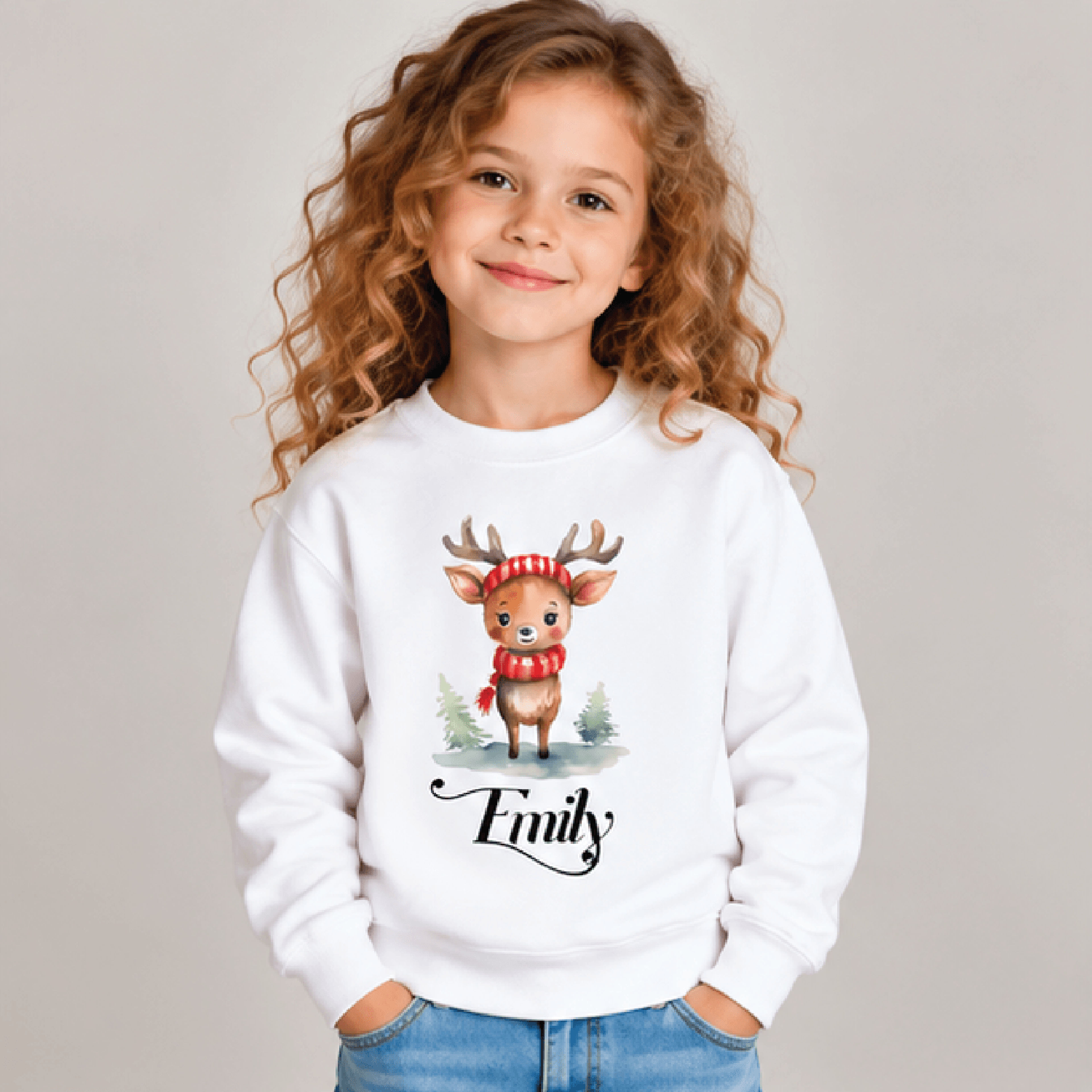 personalized christmas reindeer sweatshirt, kids youth unisex custom name cute deer winter holiday crewneck festive