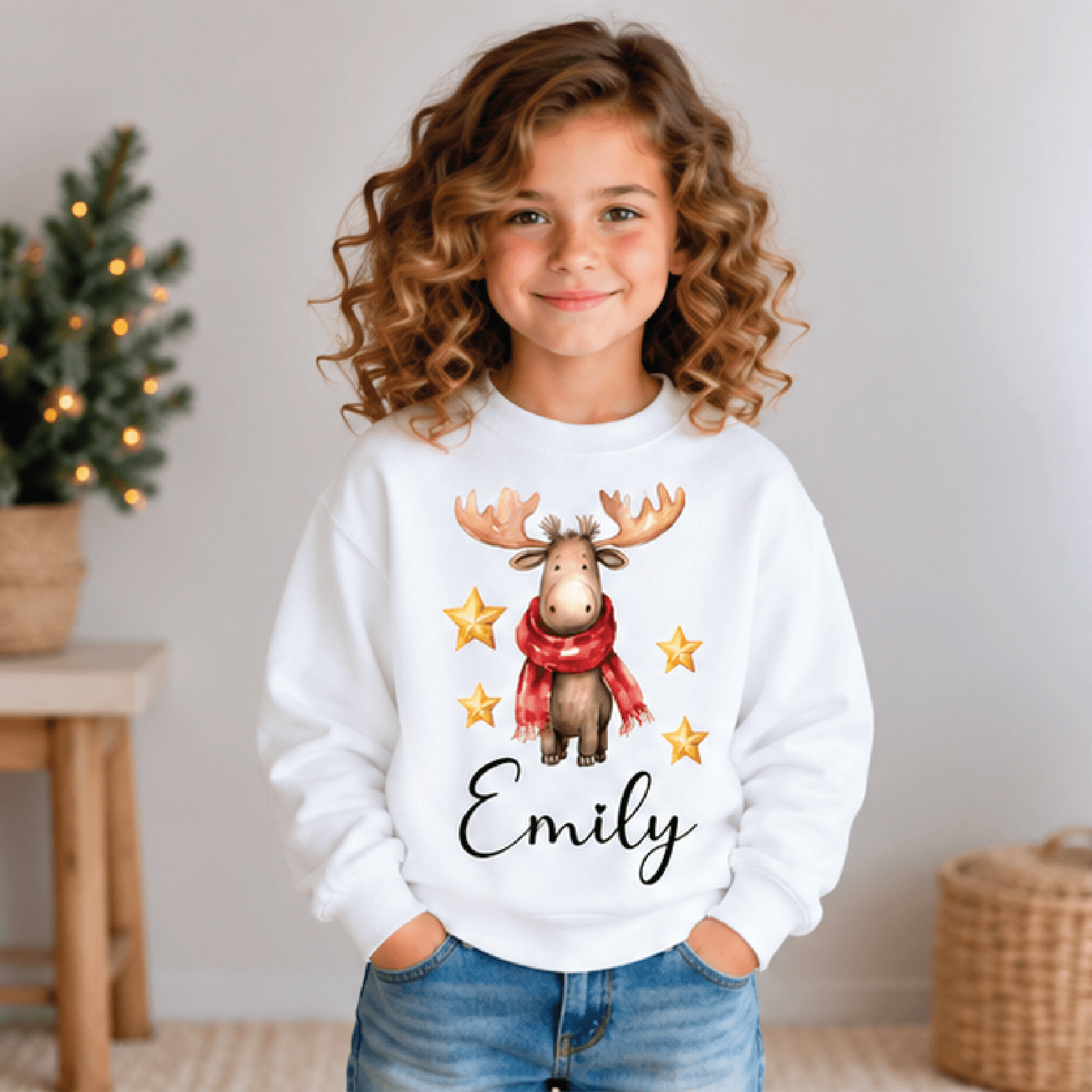 personalized christmas moose sweatshirt, kids youth unisex custom name cute moose holiday crewneck winter festive sweate