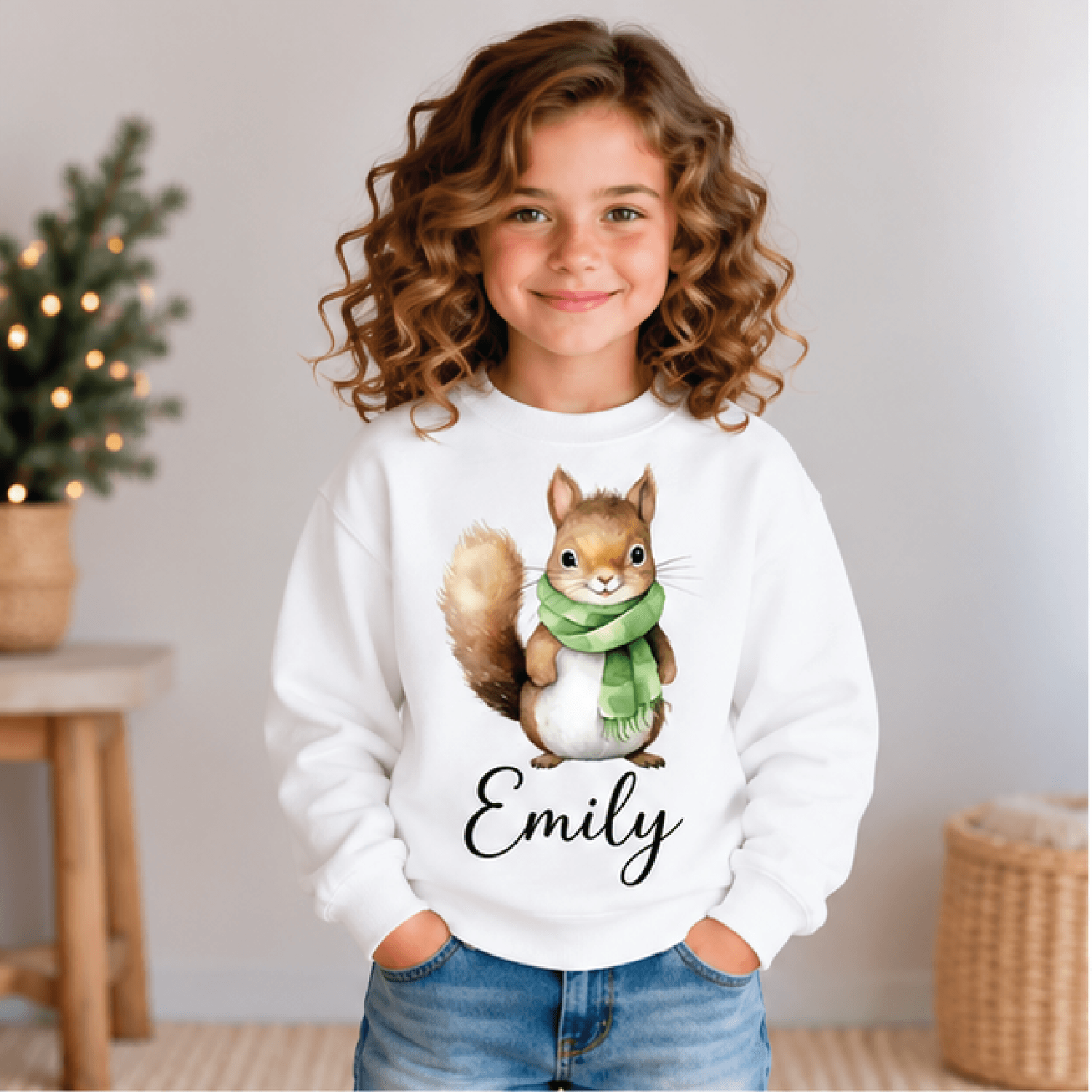 personalized christmas squirrel sweatshirt, kids youth unisex custom name cute squirrel winter holiday crewneck sweater