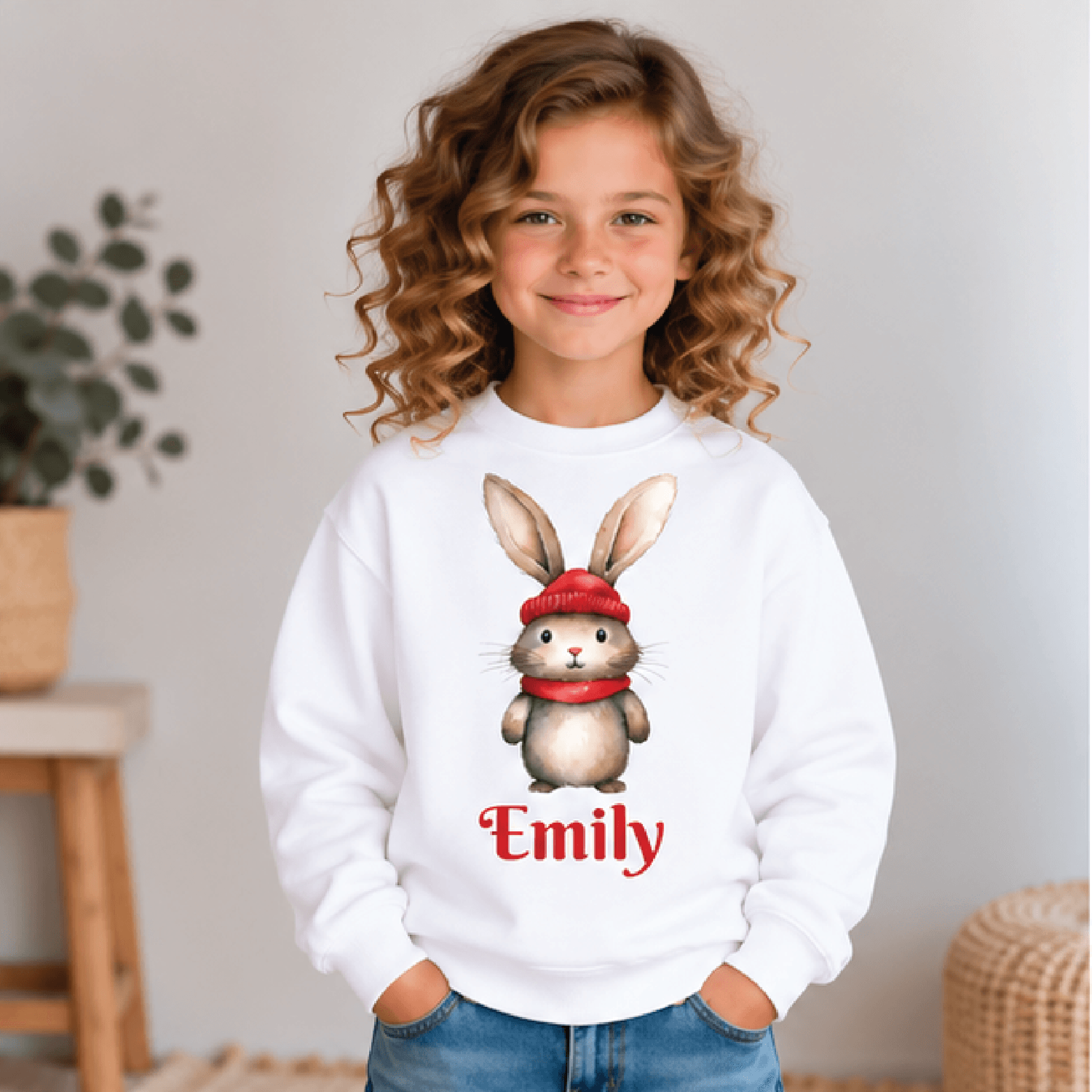 personalized christmas bunny sweatshirt, kids youth unisex custom name cute winter rabbit holiday crewneck sweater gift