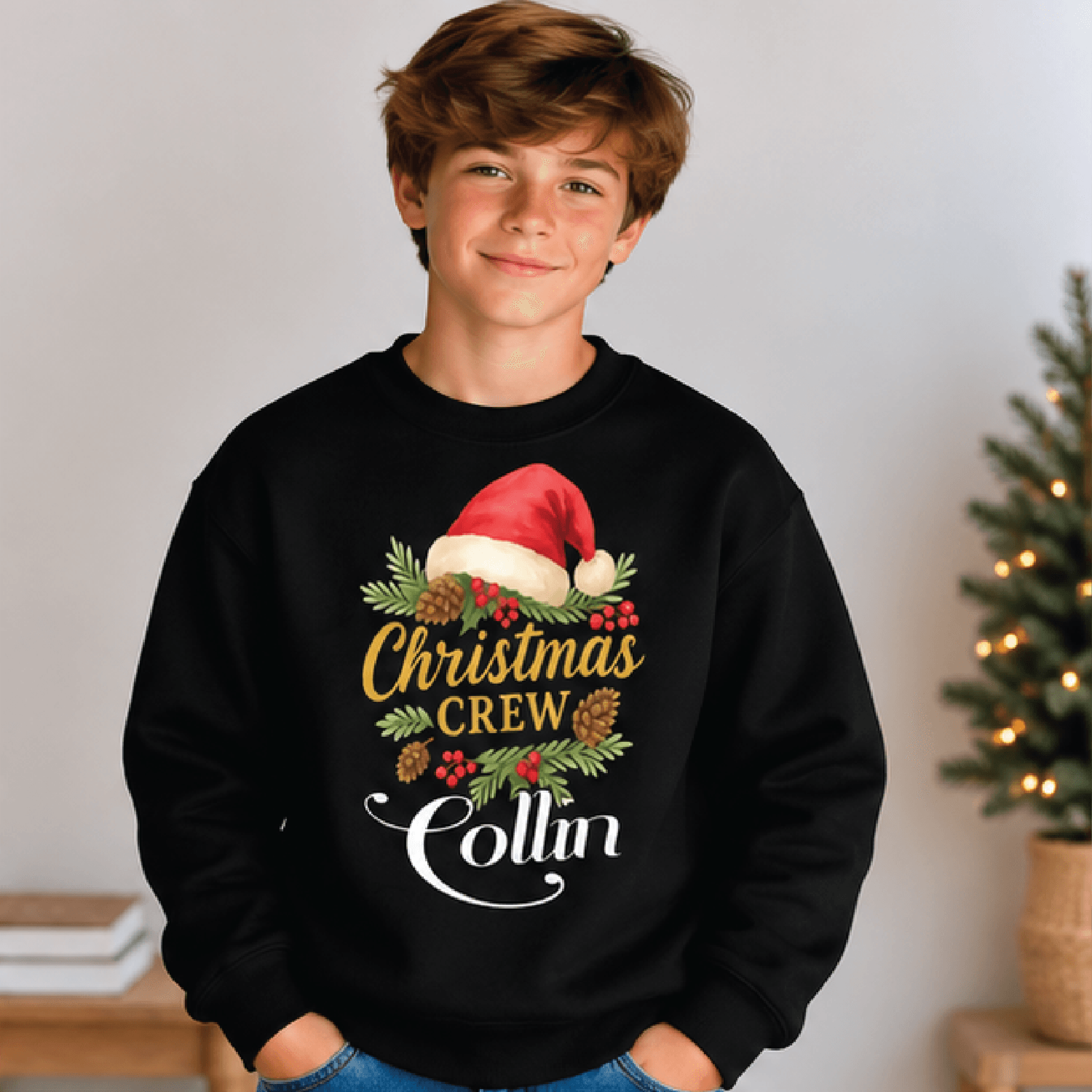 personalized christmas crew sweatshirt, kids youth unisex custom name santa hat pine berry holiday family crewneck sweat