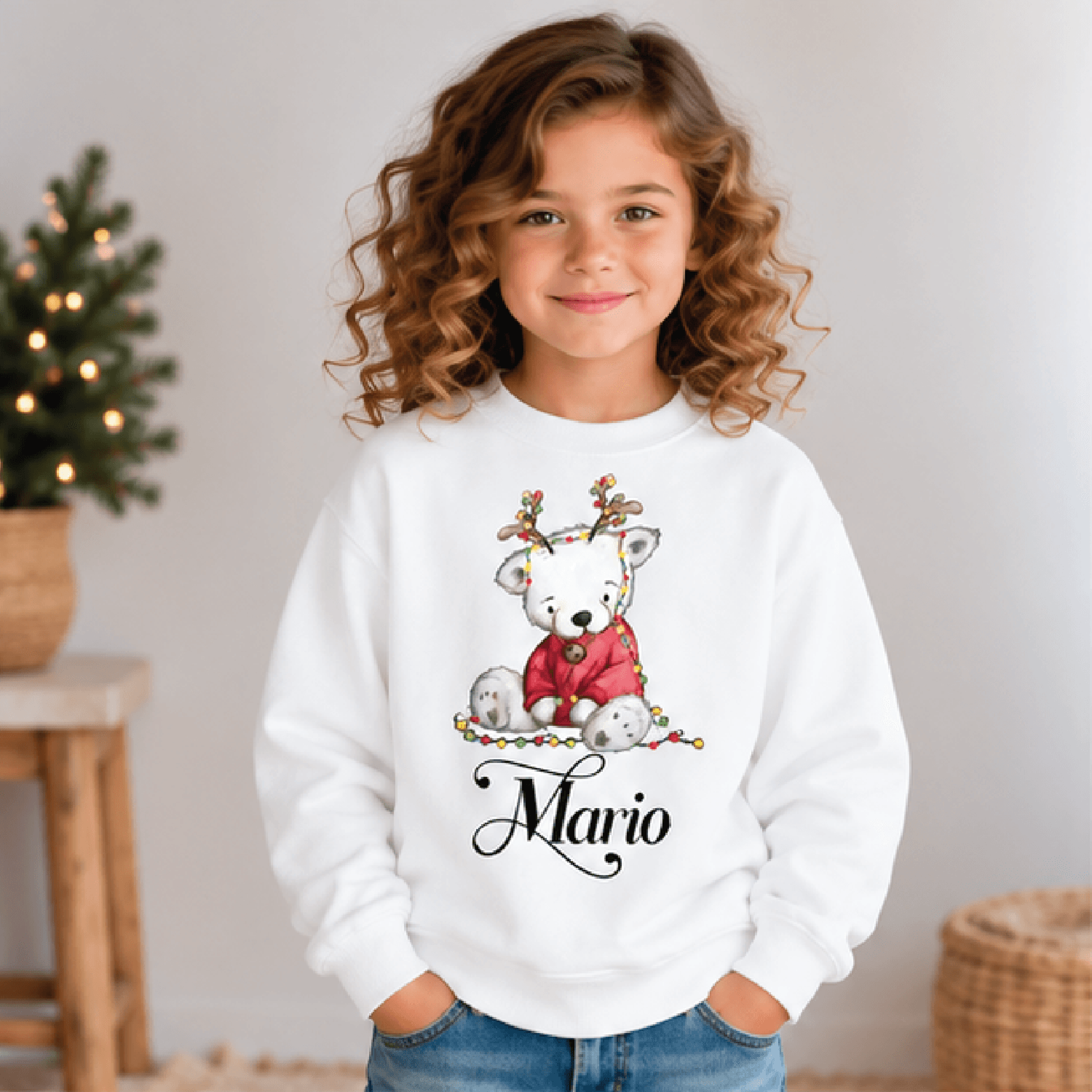 personalized christmas polar bear sweatshirt, kids youth unisex custom name reindeer bear holiday winter crewneck sweate