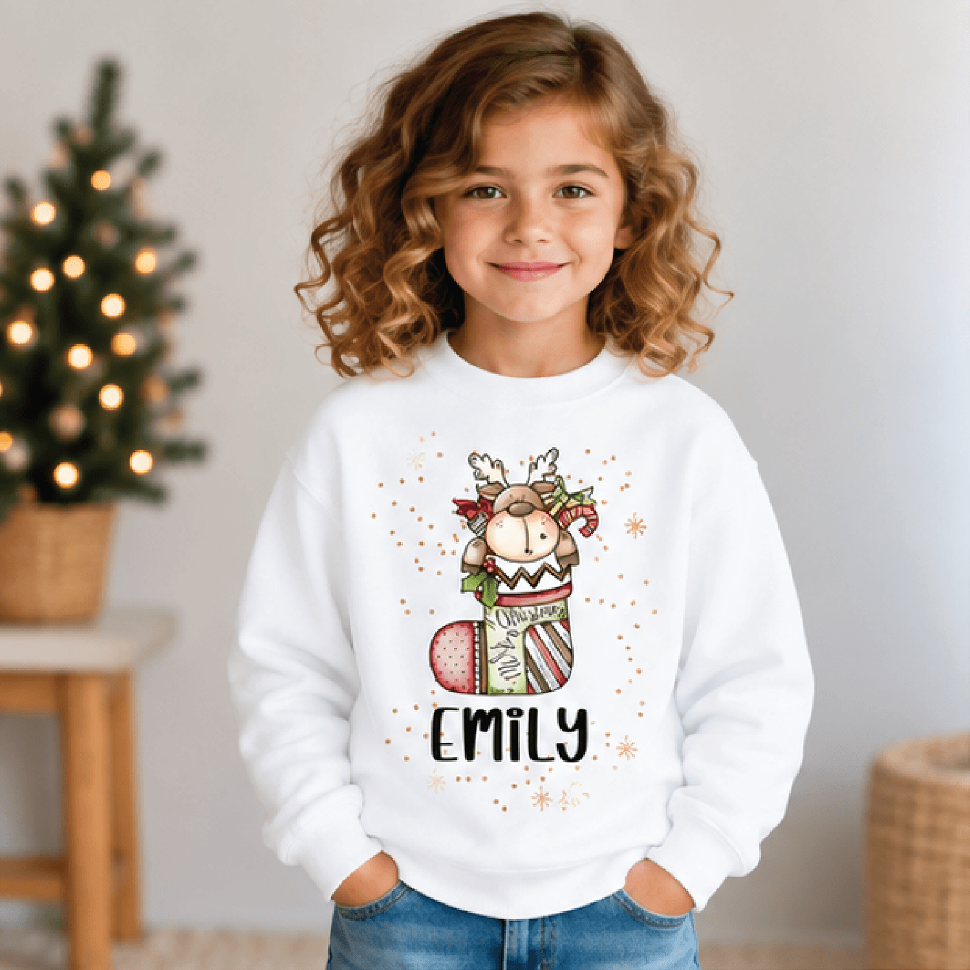 personalized christmas reindeer sweatshirt, kids youth unisex custom name stocking reindeer holiday crewneck sweater gif
