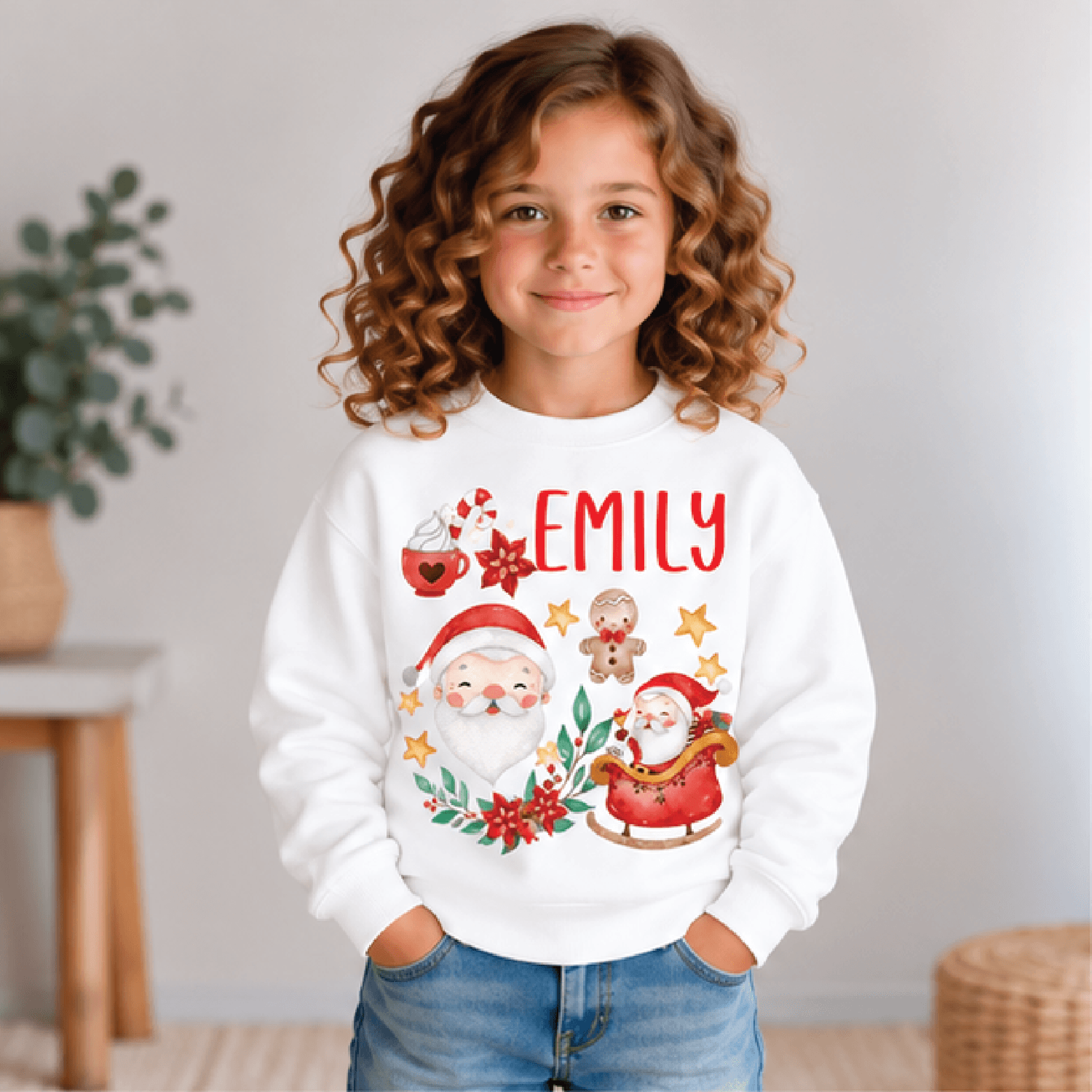 personalized santa christmas sweatshirt, kids youth unisex custom name gingerbread holiday crewneck festive winter sweat