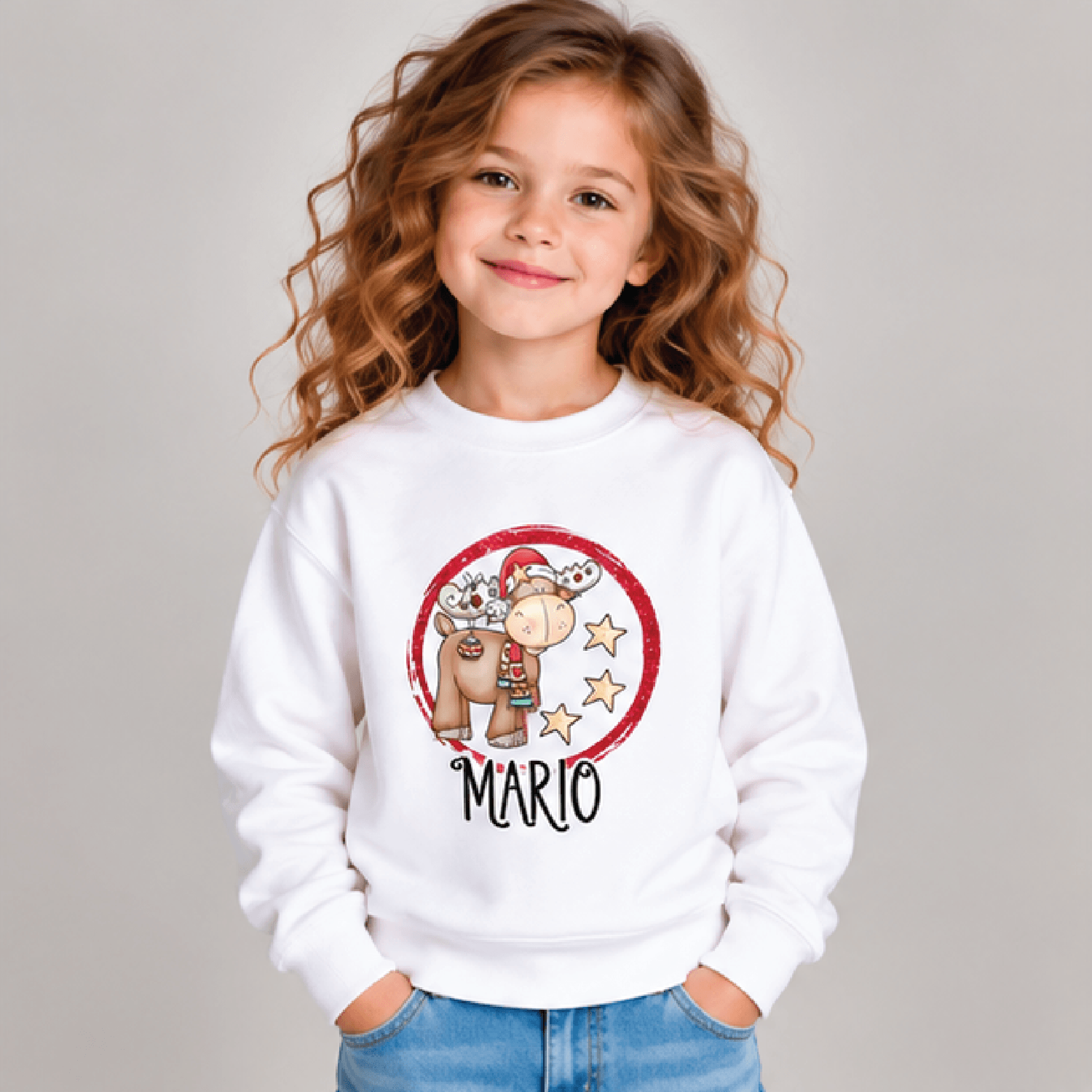 personalized christmas moose sweatshirt, kids youth unisex custom name cute moose holiday winter crewneck sweater gift