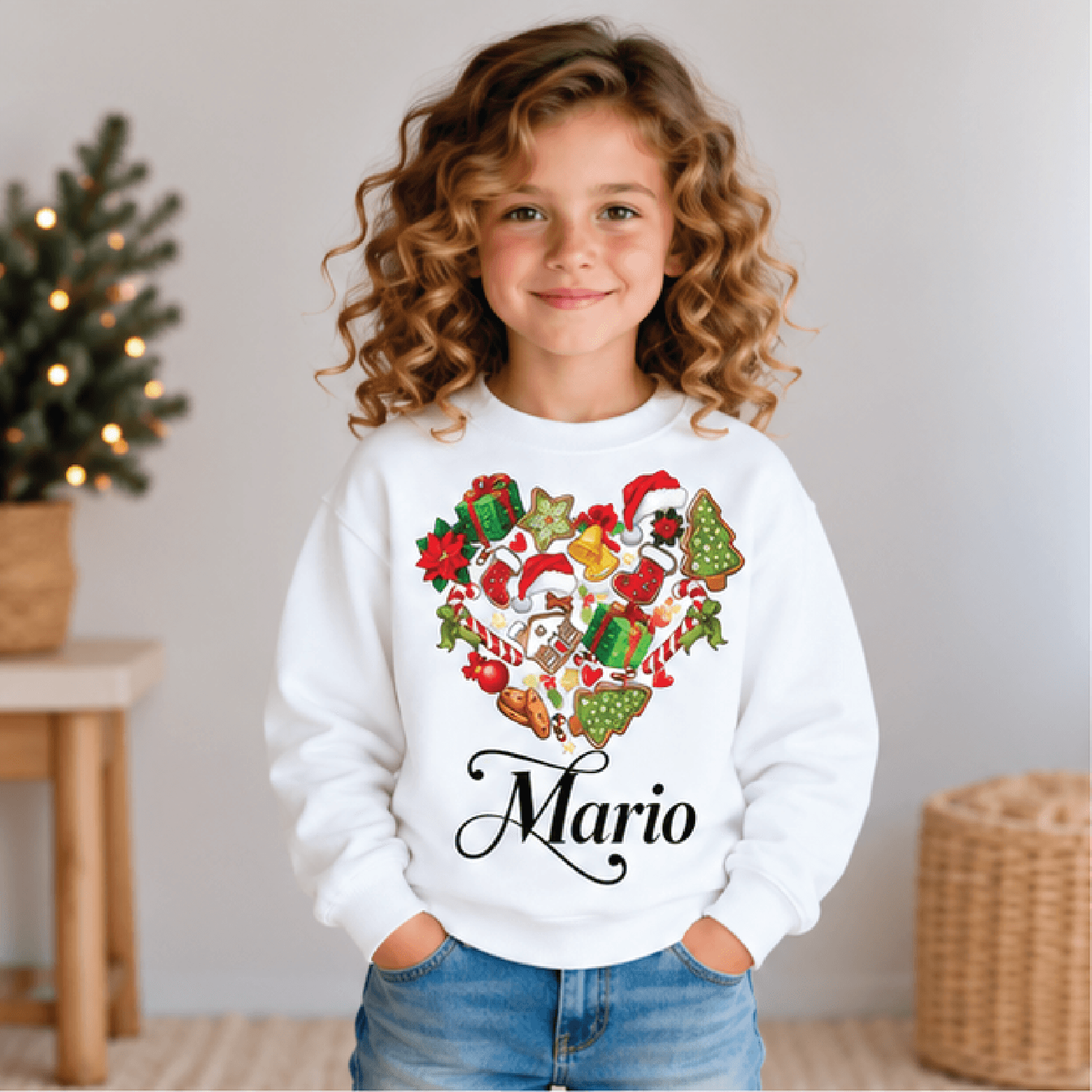 personalized christmas heart sweatshirt, kids youth unisex custom name holiday candy cane cookies festive crewneck sweat