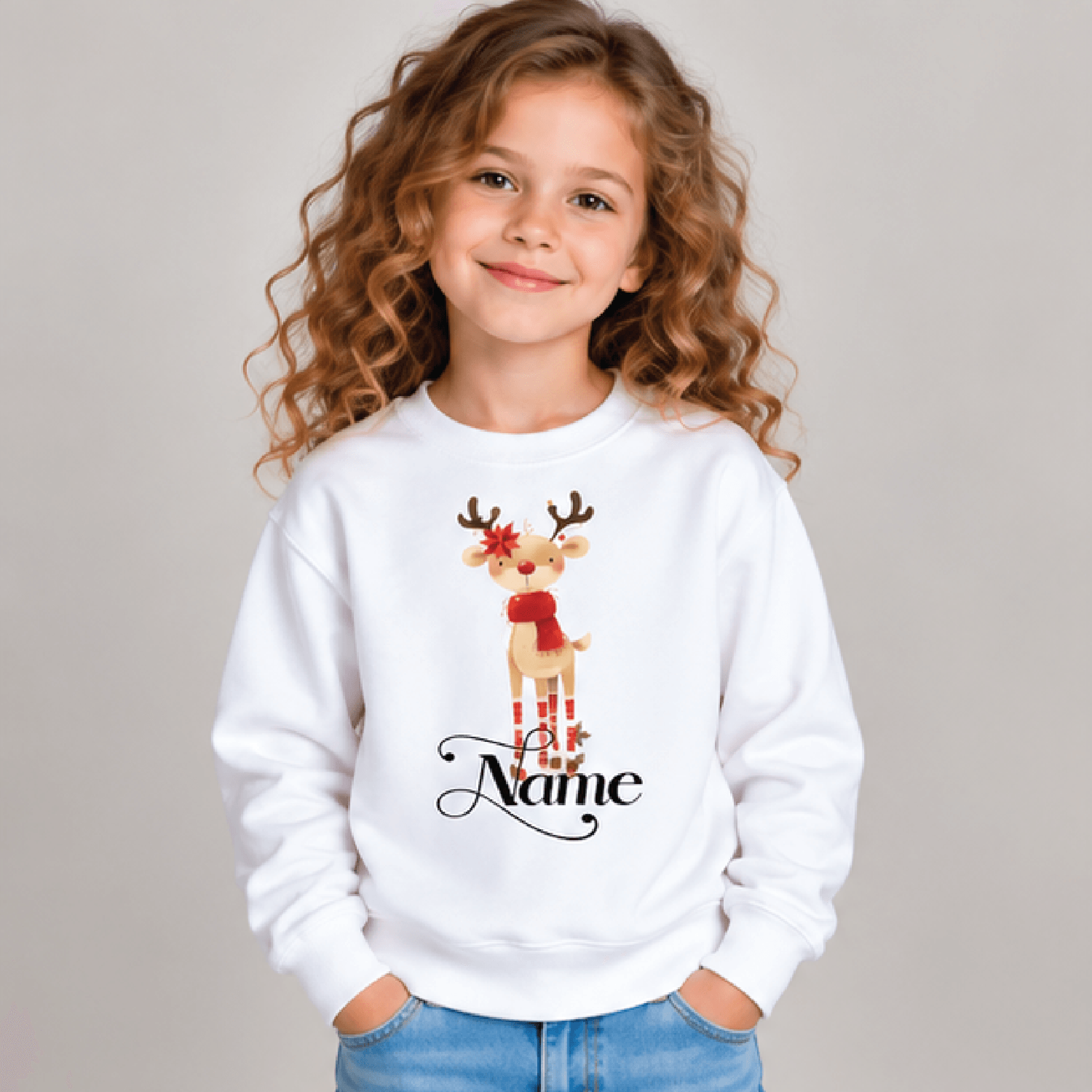 personalized christmas reindeer sweatshirt, kids youth unisex custom name holiday deer crewneck, cute winter christmas