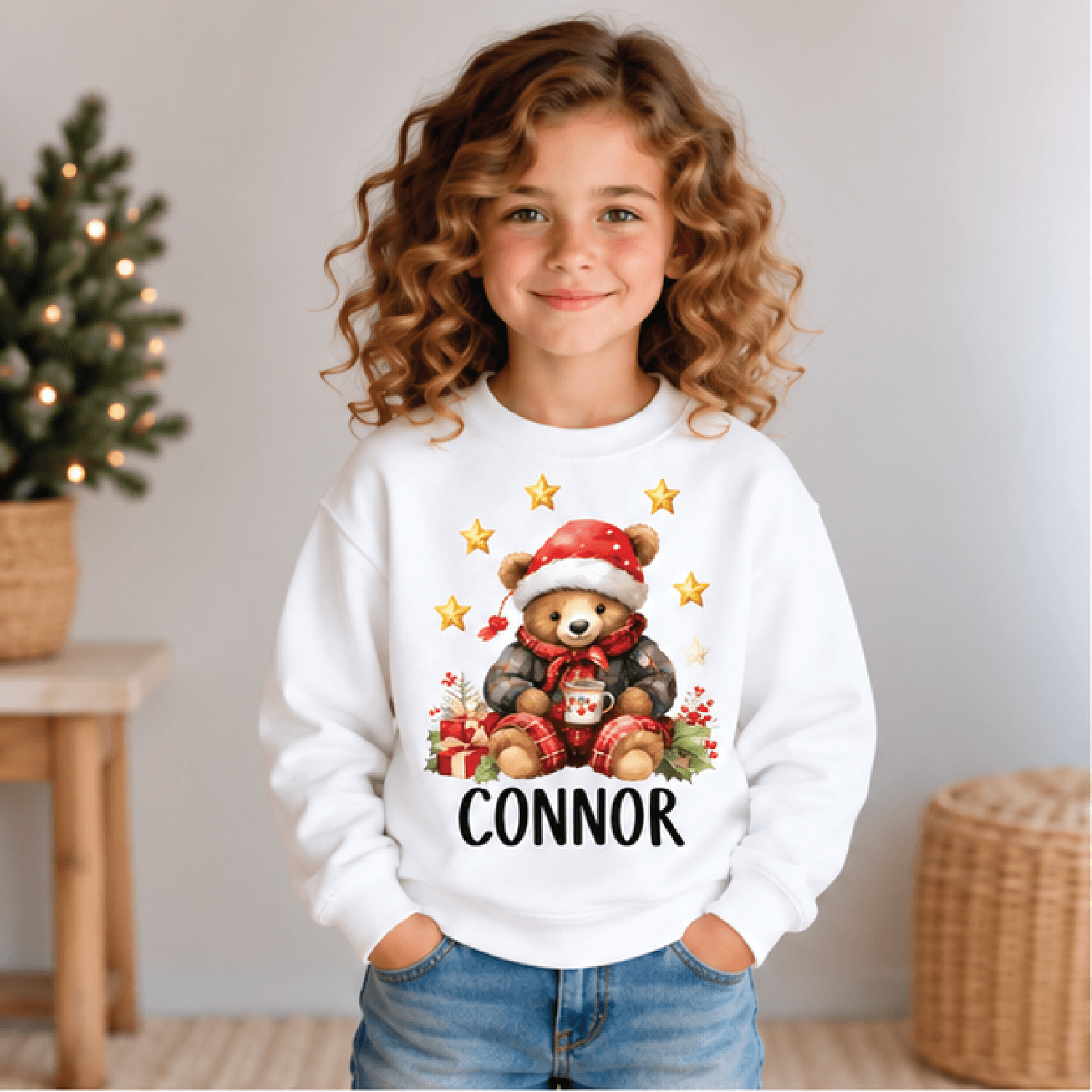 personalized christmas teddy bear sweatshirt, kids youth unisex custom name holiday bear crewneck, cute festive winter s