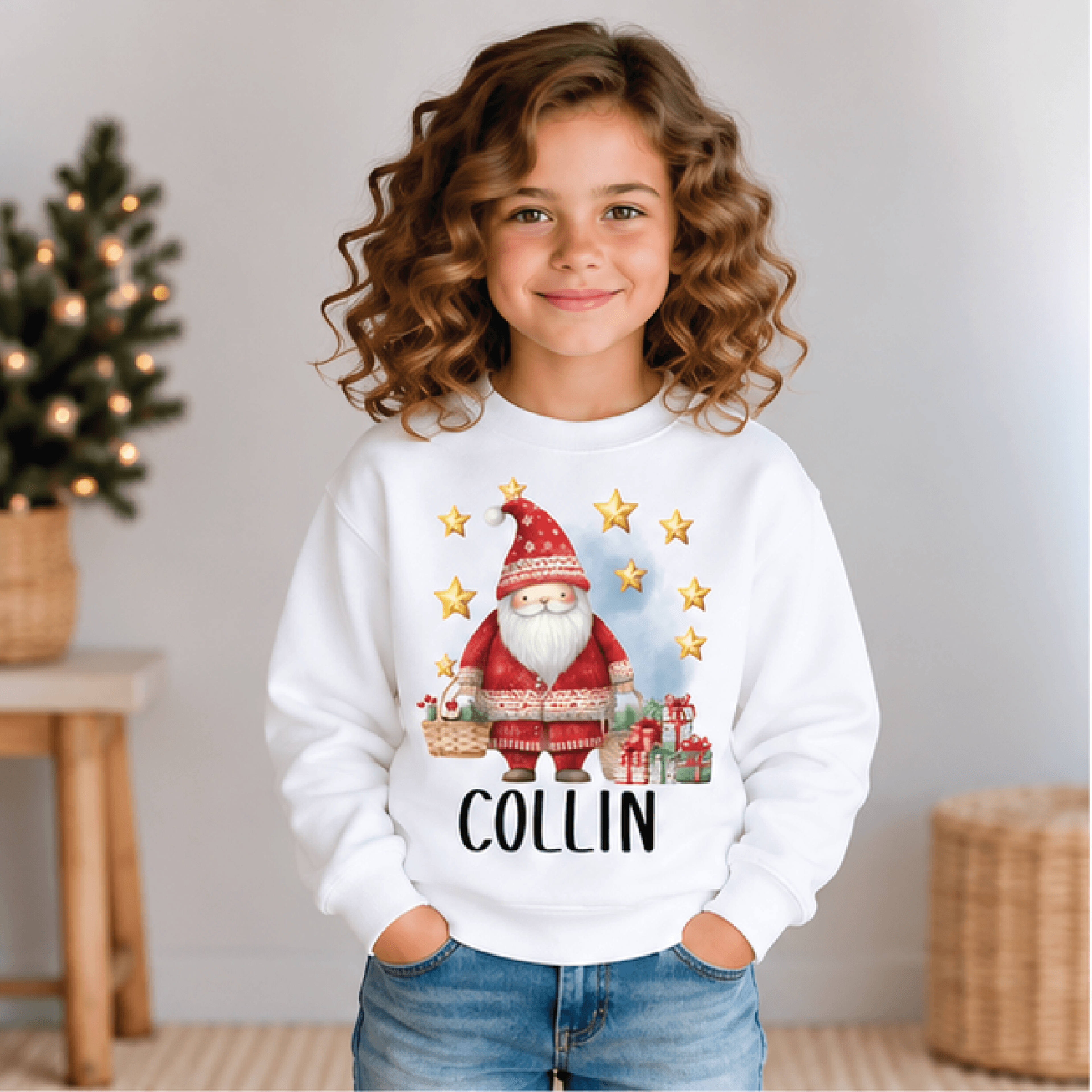 personalized christmas gnome sweatshirt, kids youth unisex custom name holiday gnome gifts stars festive winter crewneck