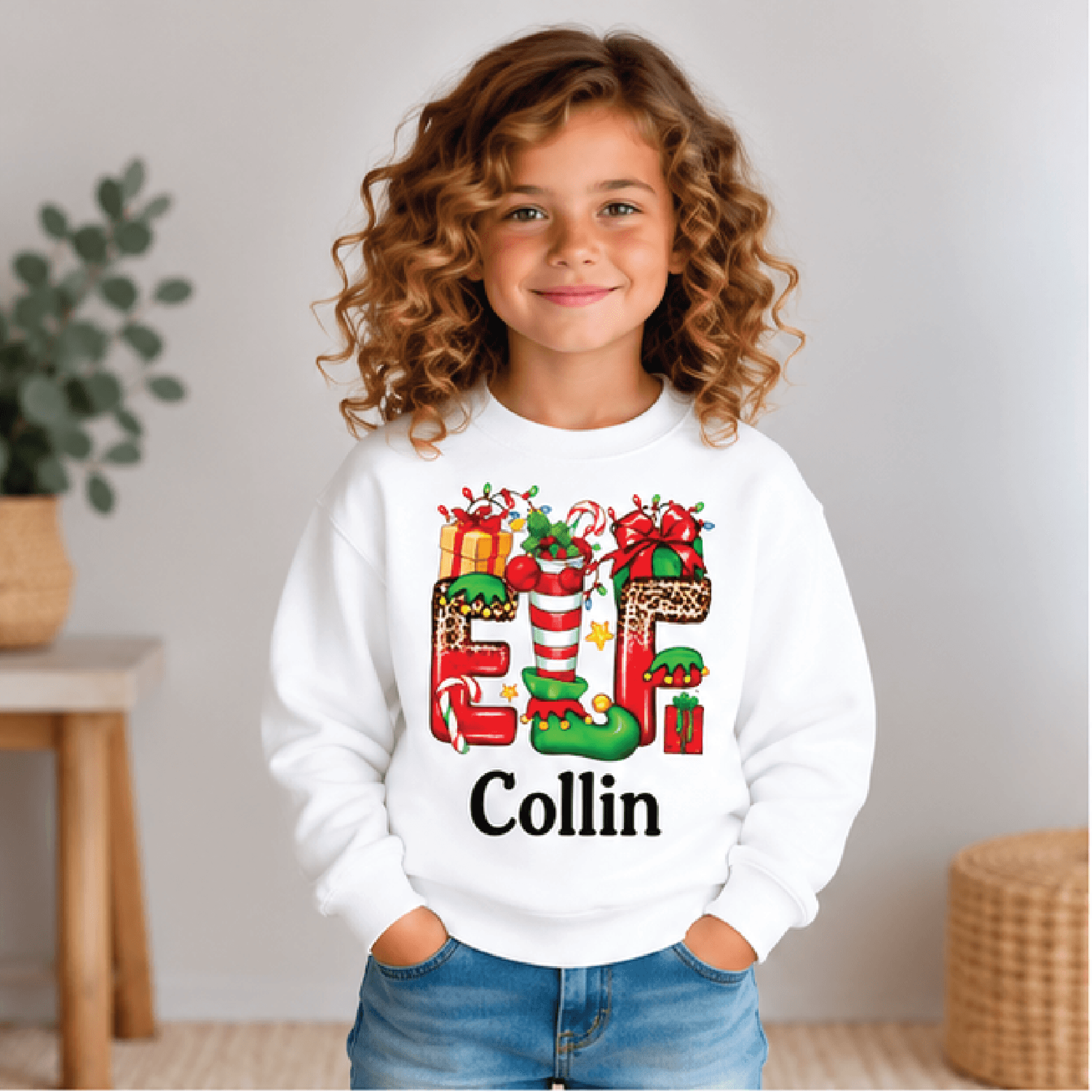 personalized christmas elf sweatshirt, kids youth unisex custom name elf crewneck, festive holiday candy cane christmas