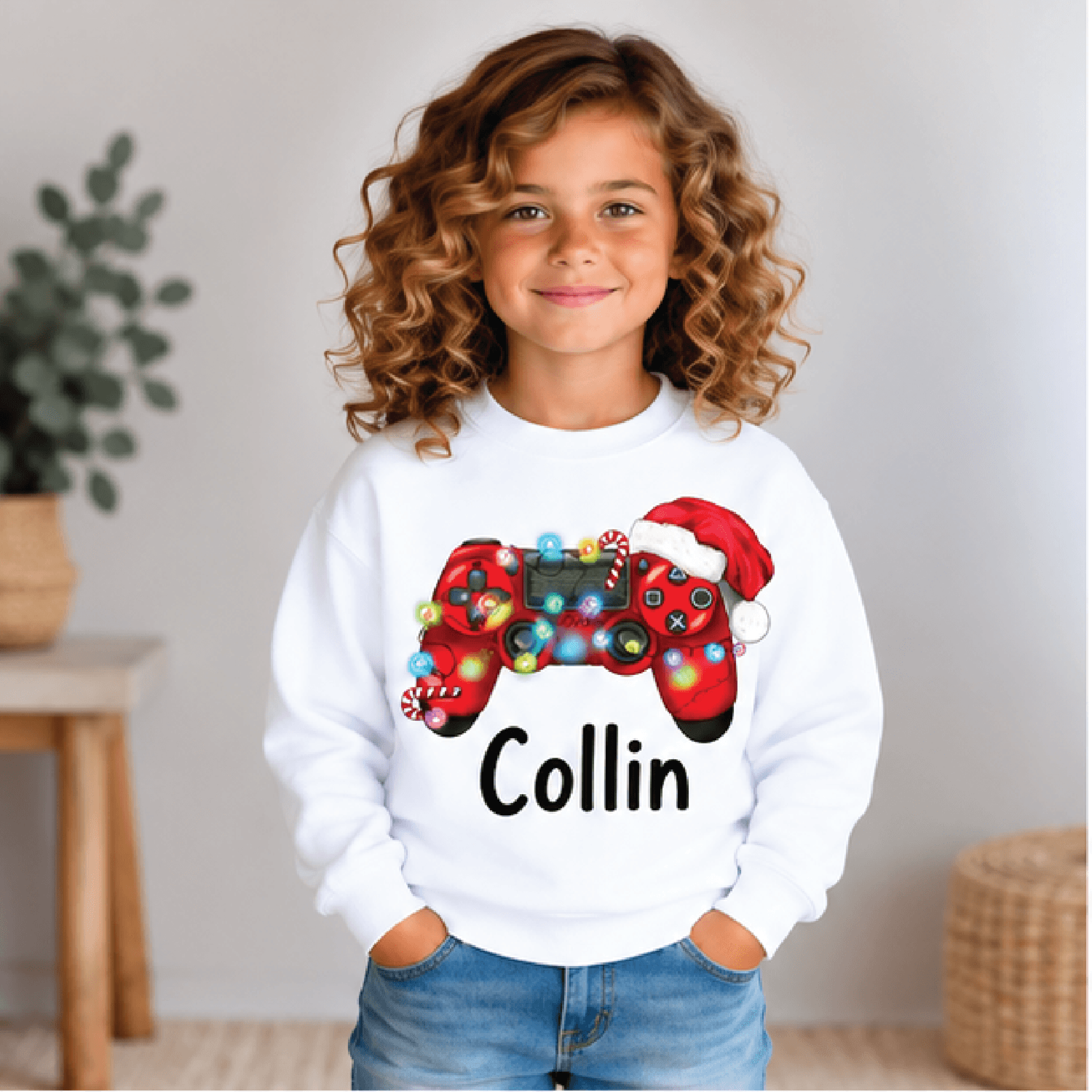 personalized christmas gamer sweatshirt, kids youth unisex custom name gaming controller holiday lights festive crewneck
