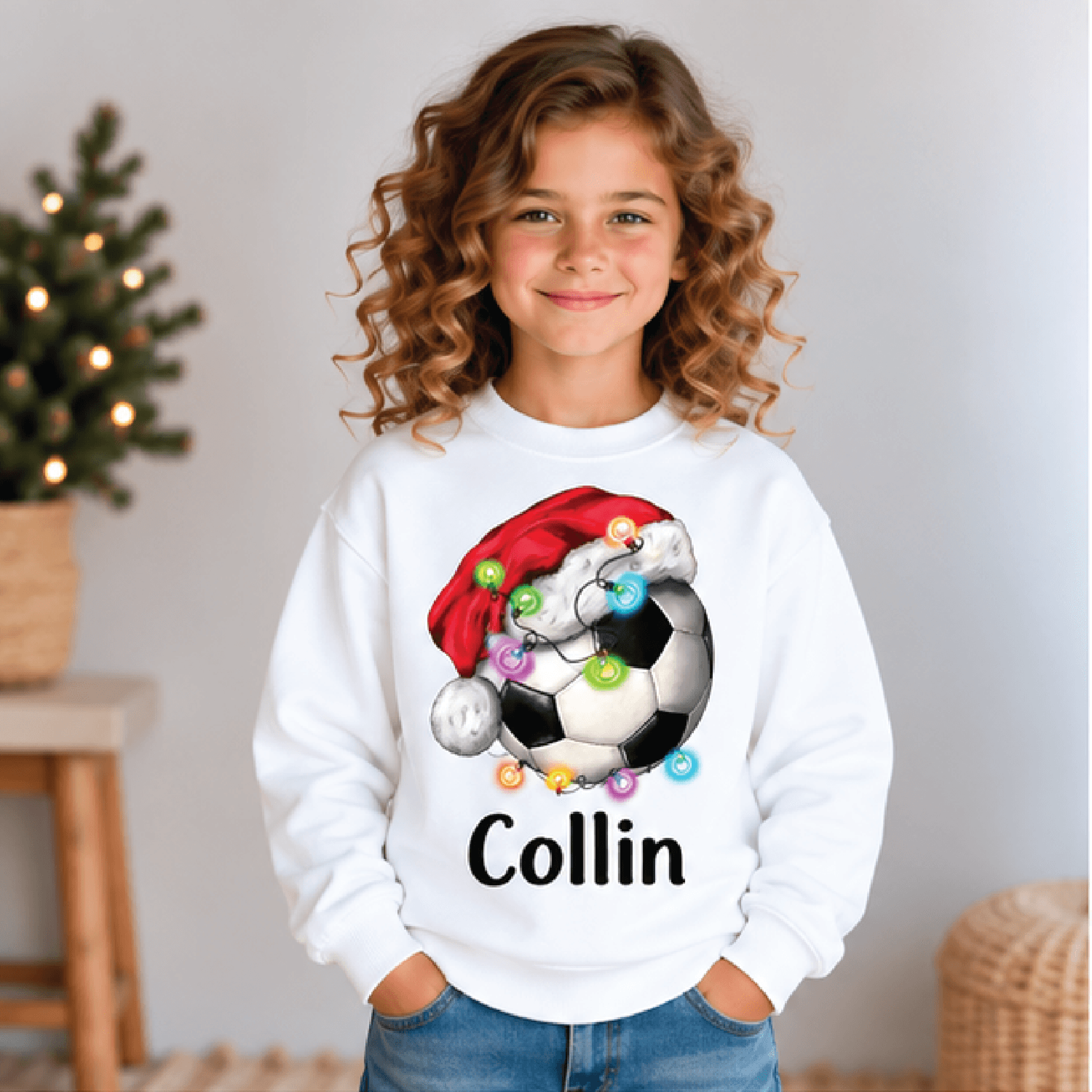 personalized christmas soccer sweatshirt, kids youth unisex custom name football santa hat holiday lights festive crewne