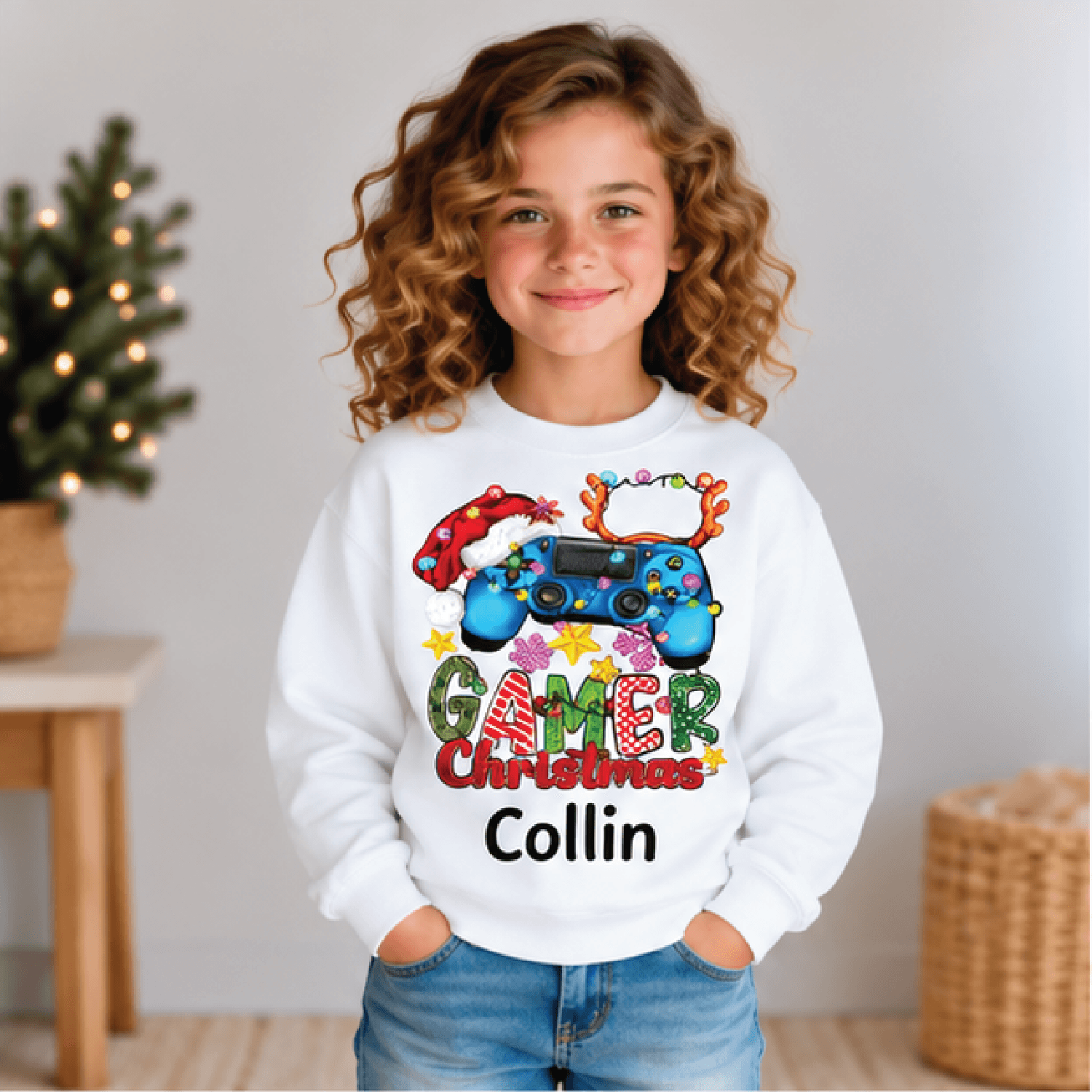 personalized gamer christmas sweatshirt, kids youth unisex custom name gaming controller holiday crewneck, gamer gift