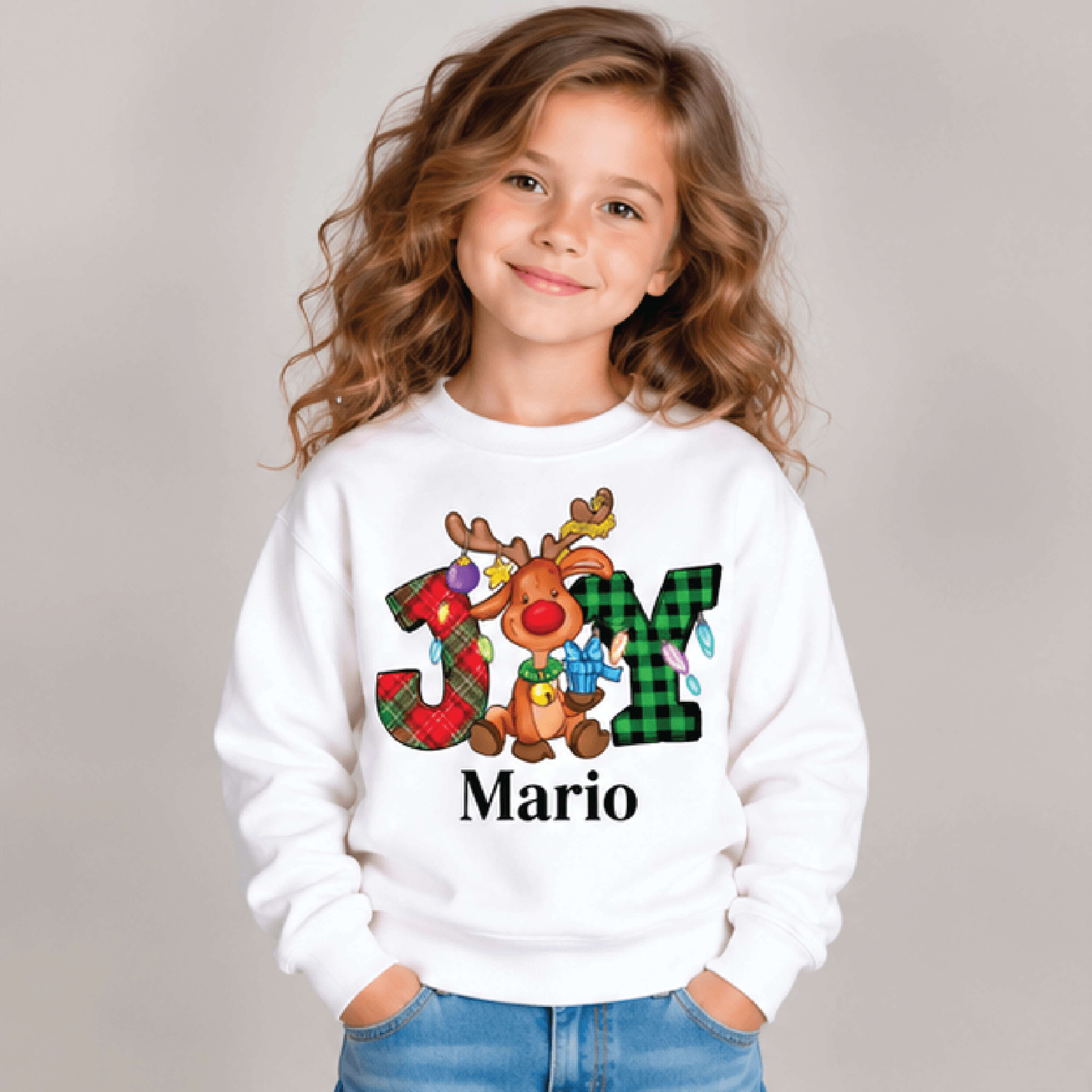 personalized joy reindeer christmas sweatshirt, kids youth unisex custom name plaid holiday crewneck, cute reindeer gift