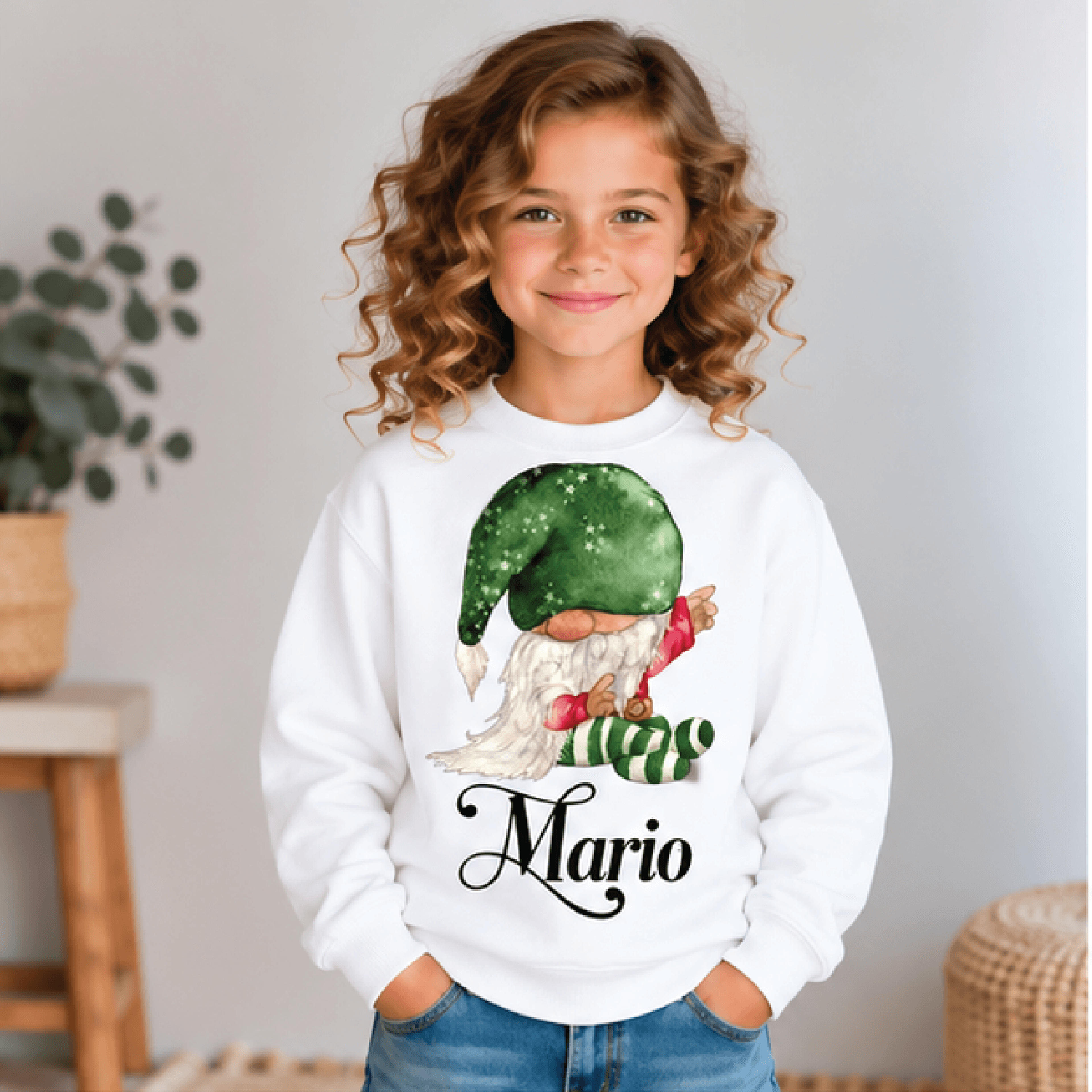 personalized christmas gnome sweatshirt, kids youth unisex custom name holiday gnome crewneck, cute festive winter sweat