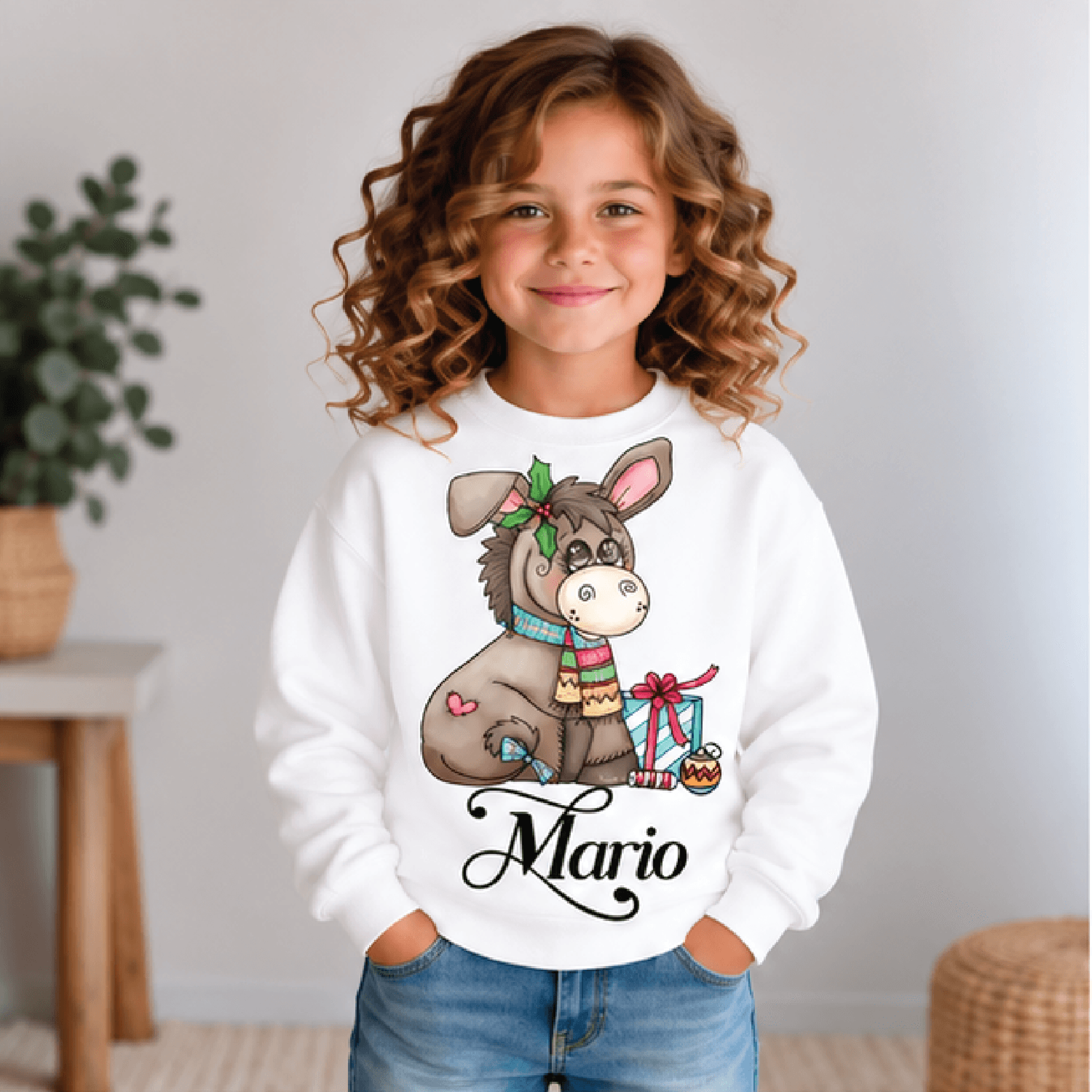 personalized christmas donkey sweatshirt, kids youth unisex custom name cute donkey holiday crewneck, festive animal gif