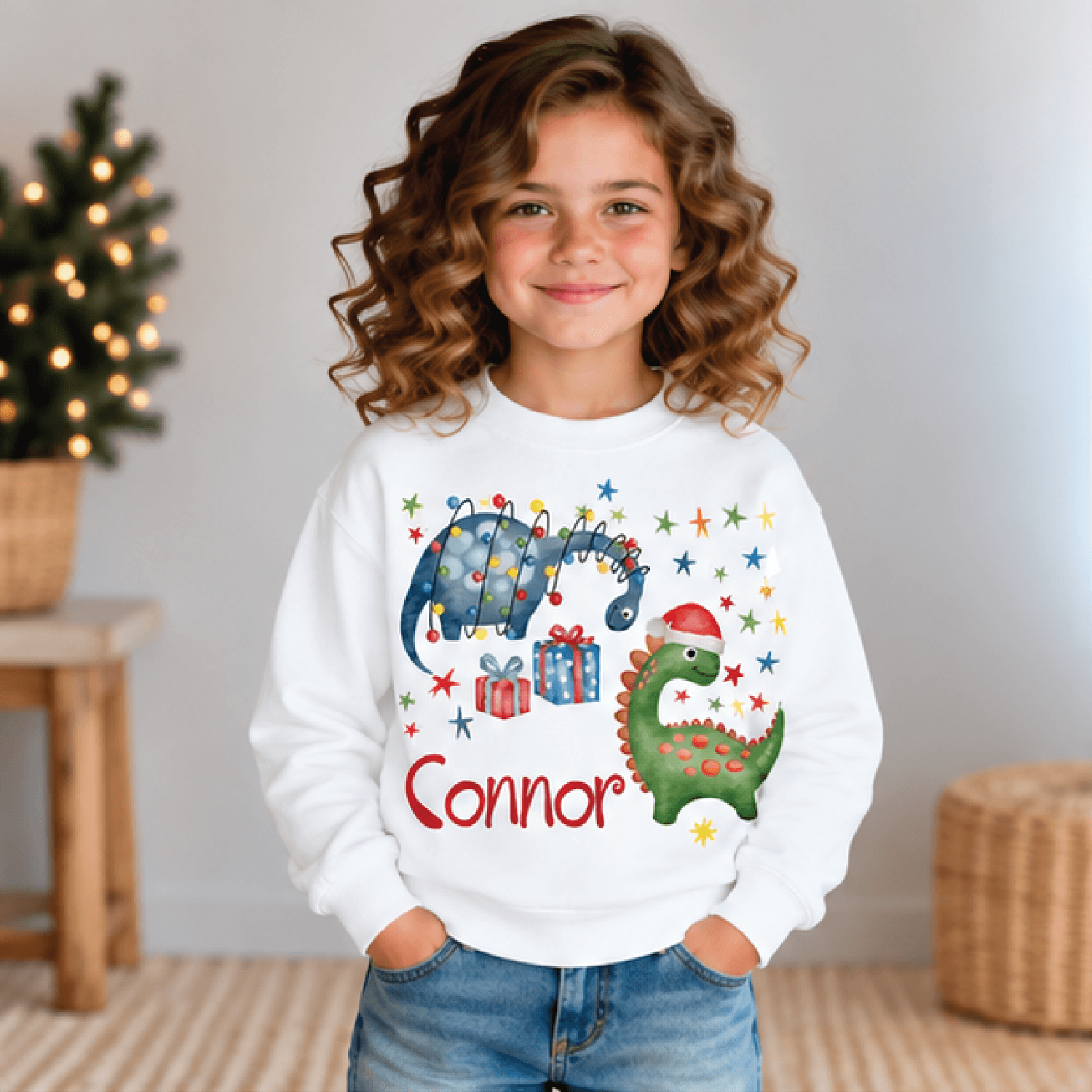 personalized christmas dinosaur sweatshirt, kids youth unisex custom name dino holiday lights festive crewneck gift