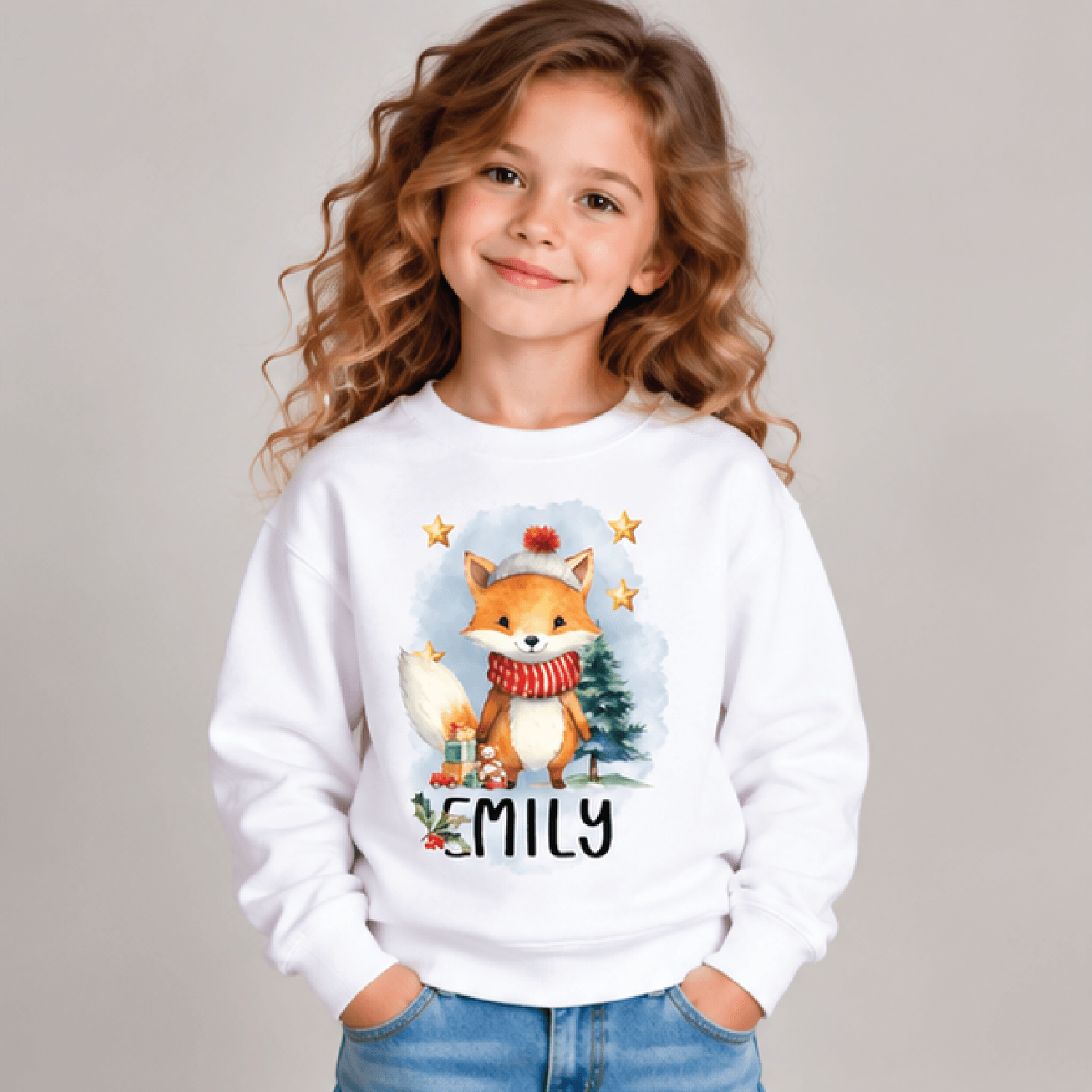 personalized christmas fox sweatshirt, kids youth unisex custom name winter fox crewneck, cute woodland holiday sweater