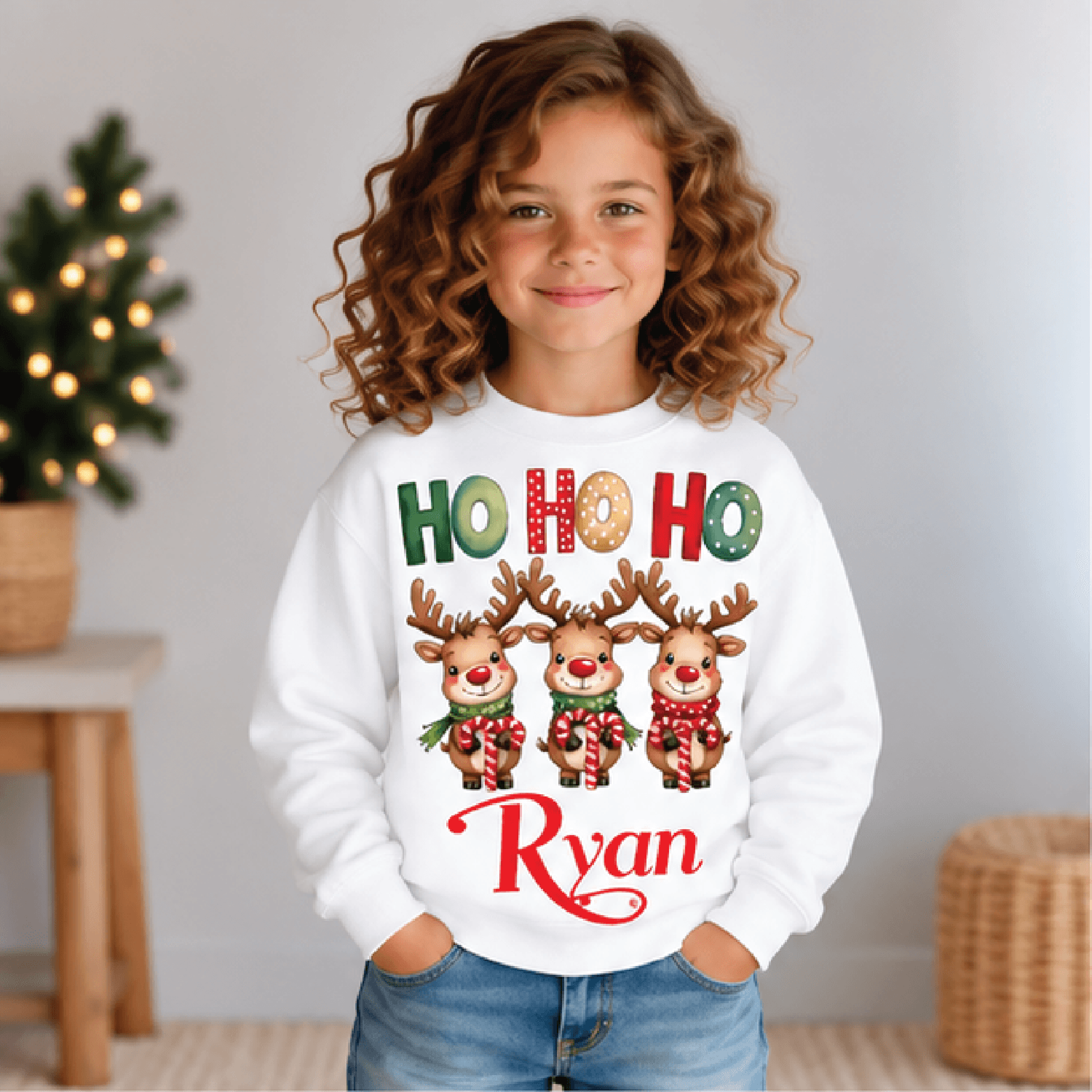 personalized ho ho ho reindeer sweatshirt, kids youth unisex custom name christmas crewneck, cute holiday reindeer sweat