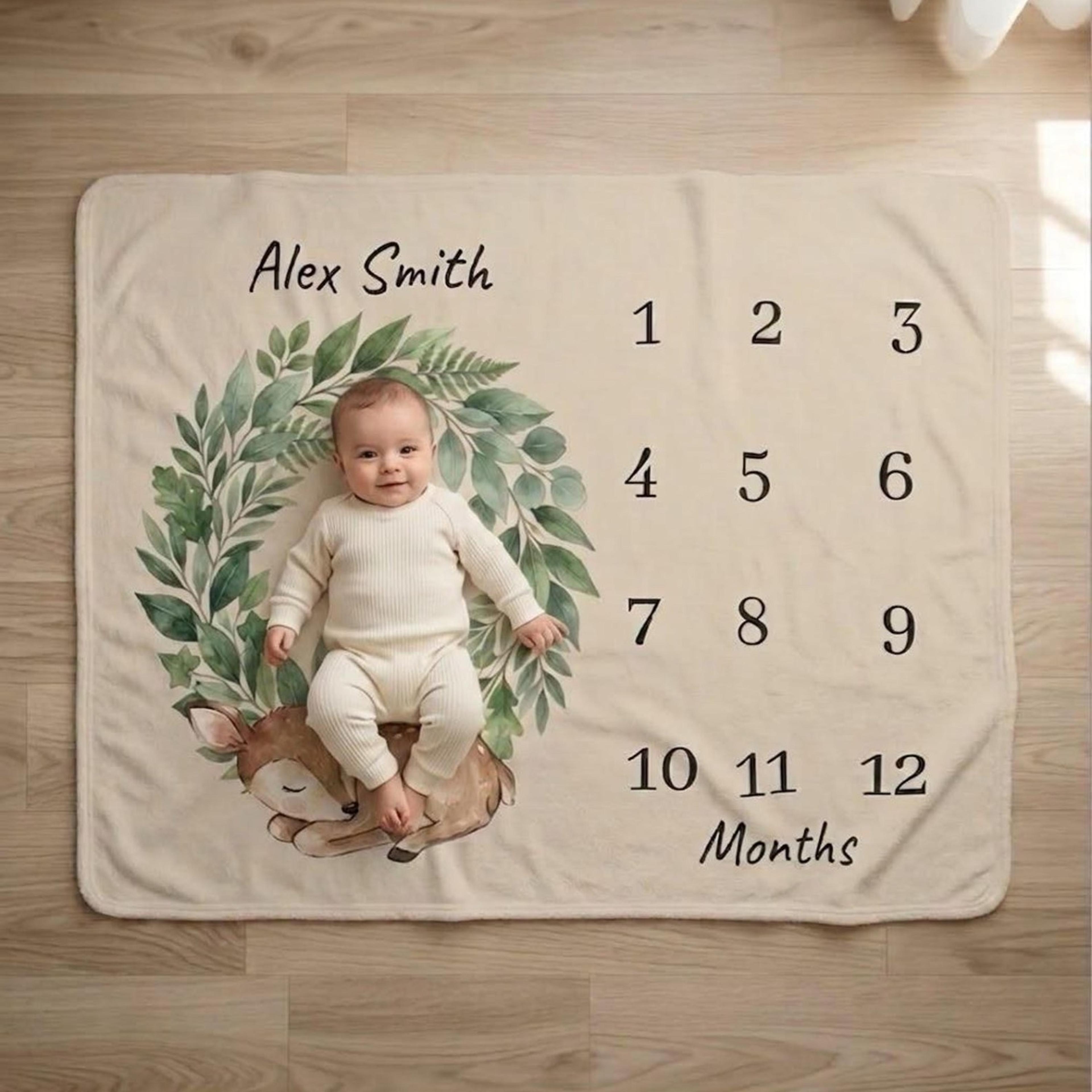 personalized baby milestone sherpa blanket, woodland deer baby blanket, monthly photo prop, custom newborn shower gift
