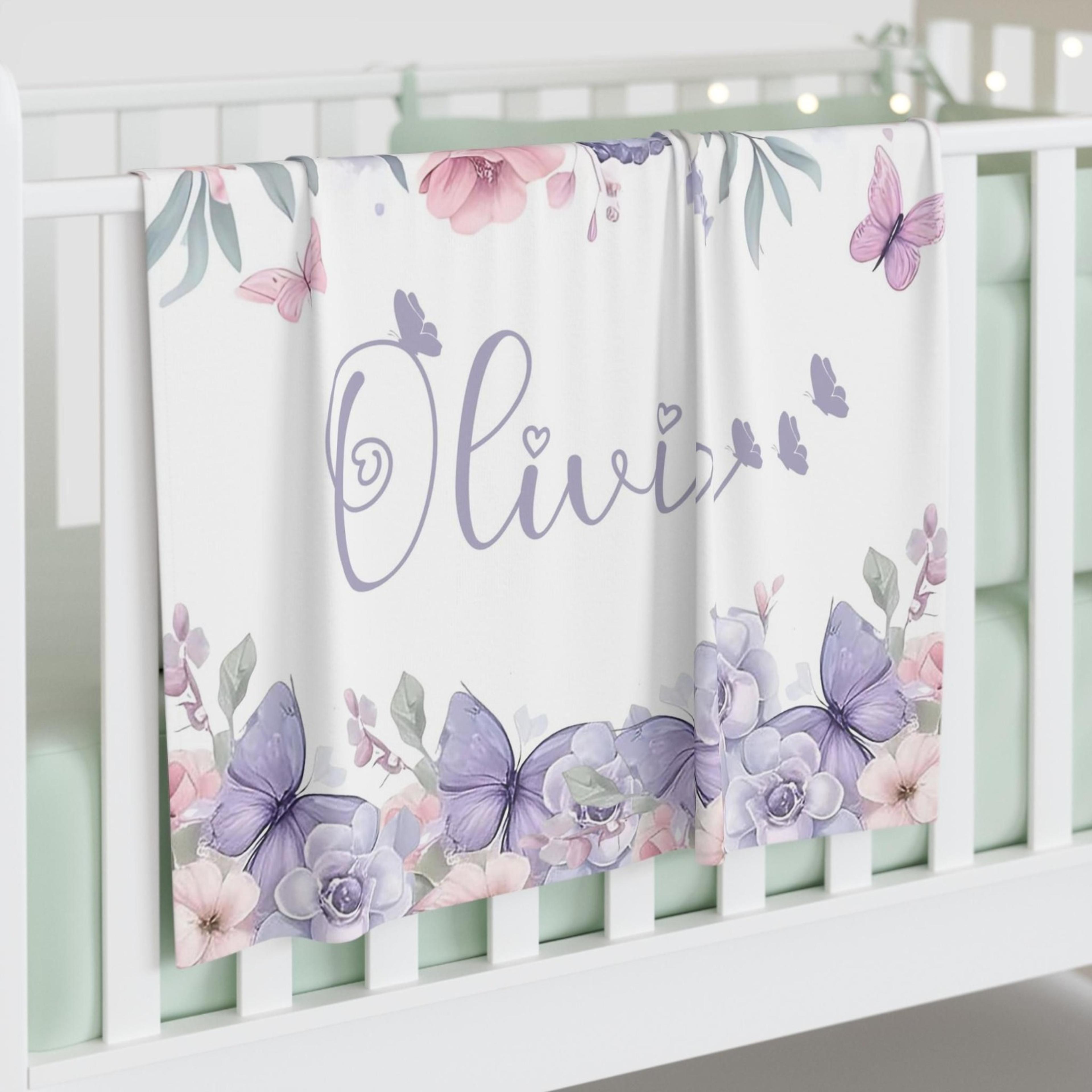 personalized butterfly sherpa baby blanket, floral nursery blanket, custom name baby blanket, cute newborn gift