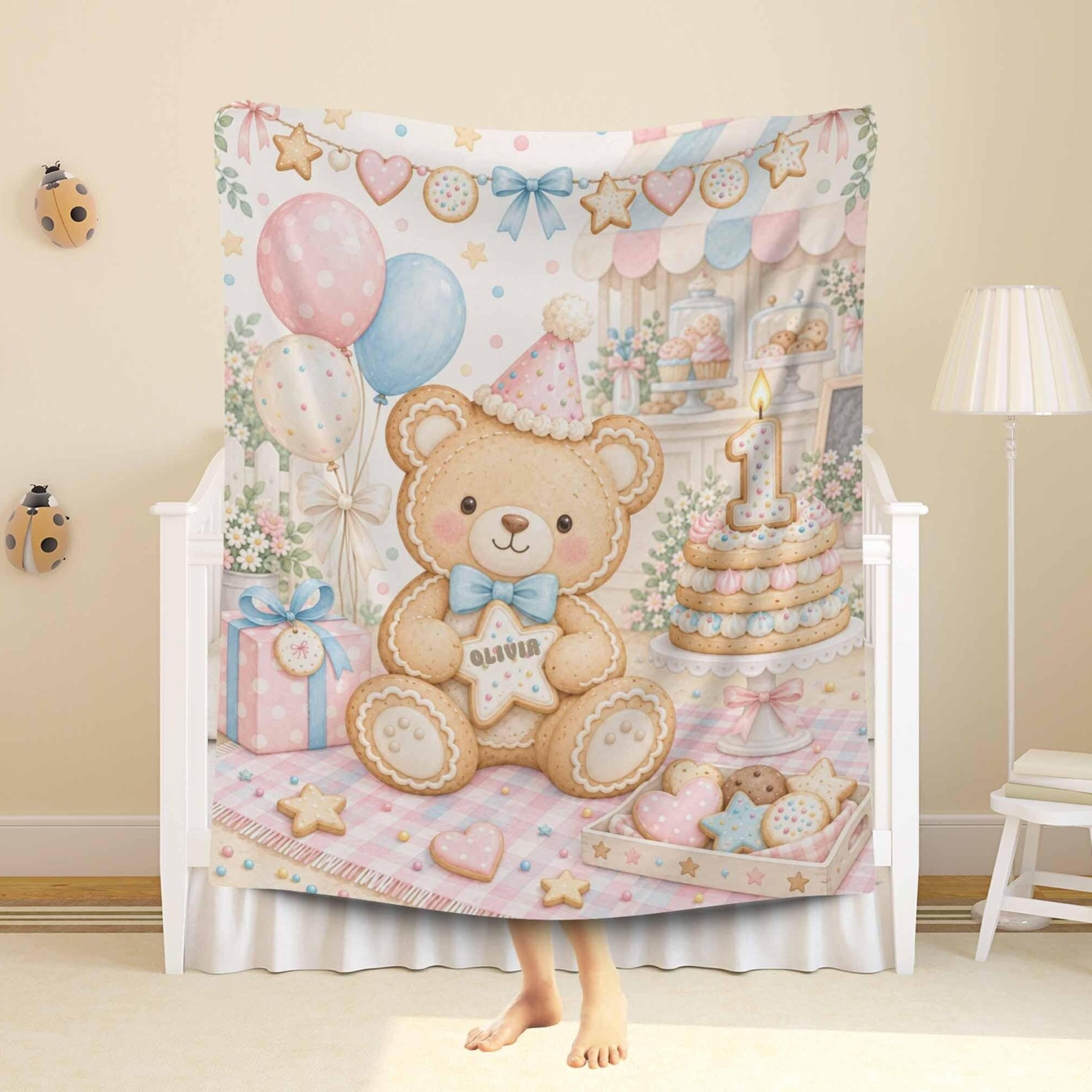 personalized first birthday sherpa blanket, teddy bear cookie blanket, custom baby girl blanket, cake smash photo prop