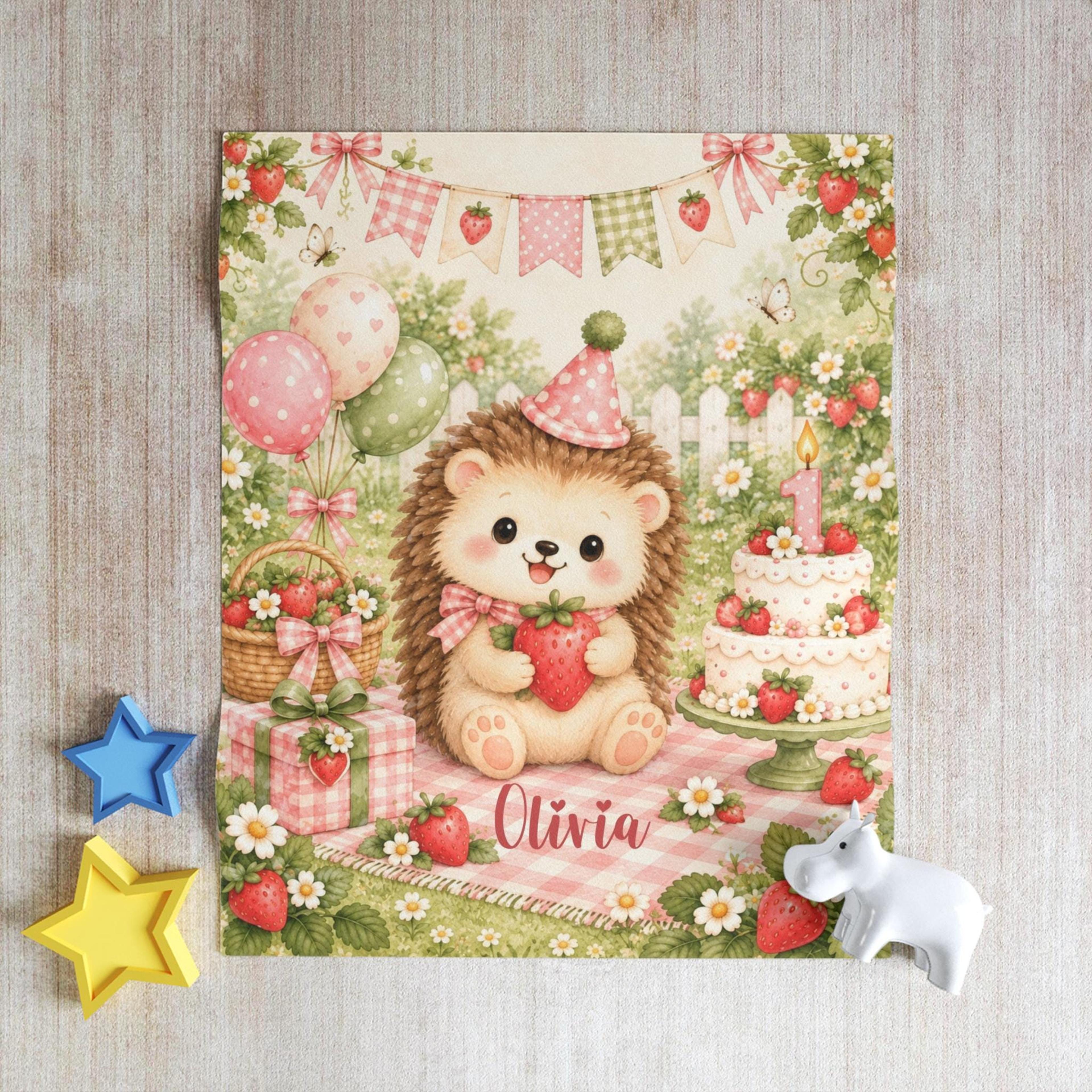 personalized strawberry first birthday sherpa blanket, hedgehog baby blanket, cake smash photo prop, custom baby girl