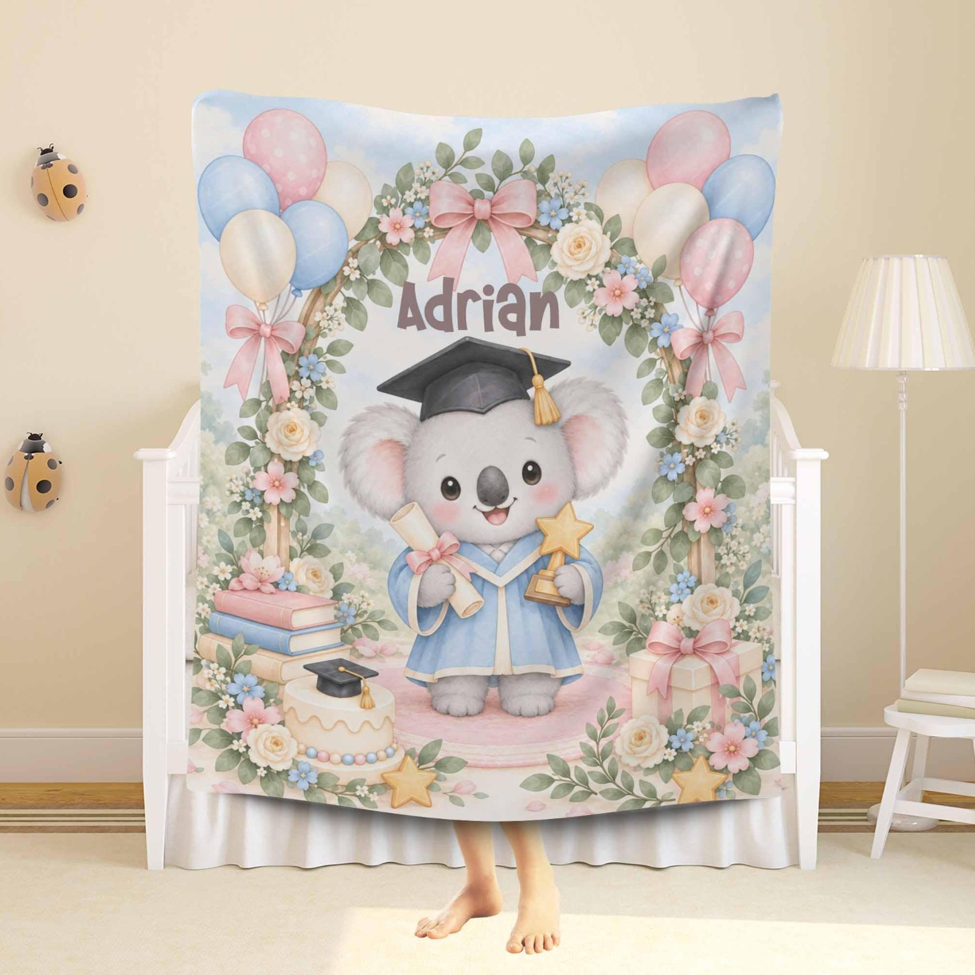 personalized koala kindergarten graduation sherpa blanket, preschool graduation gift, custom kids graduation keepsake