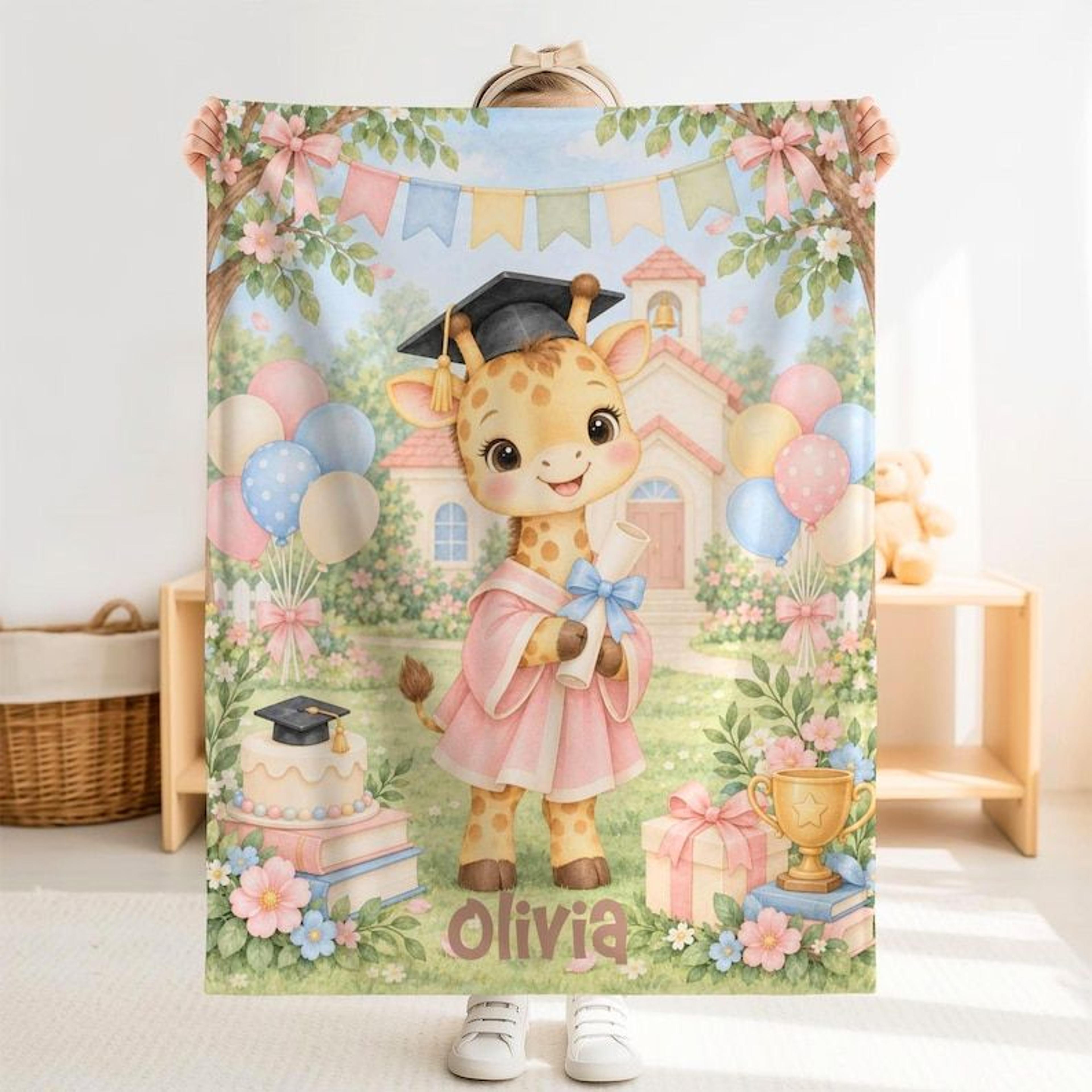 personalized giraffe kindergarten graduation sherpa blanket, preschool grad gift, custom kids graduation keepsake