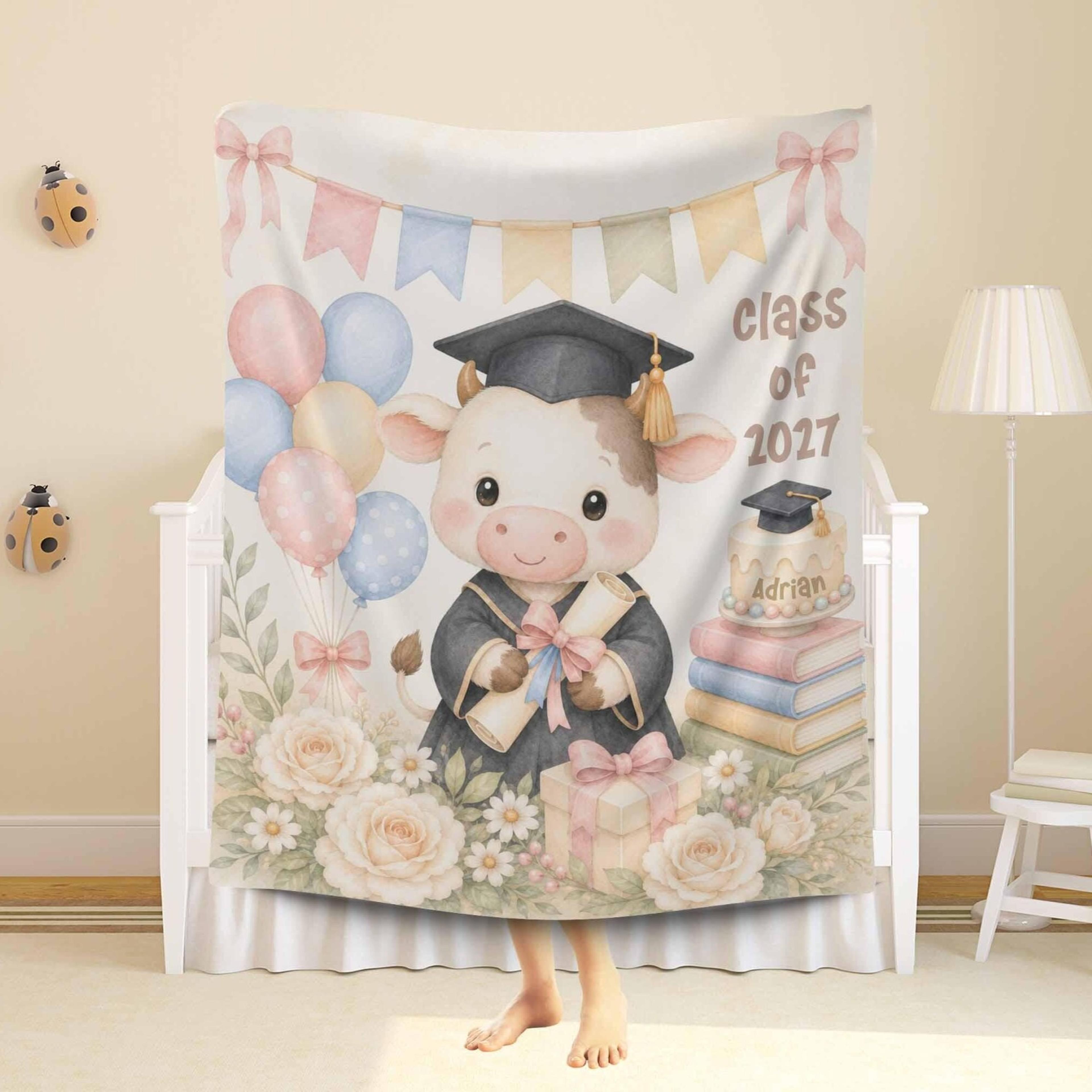 personalized cow kindergarten graduation sherpa blanket, preschool grad gift, custom kids graduation keepsake