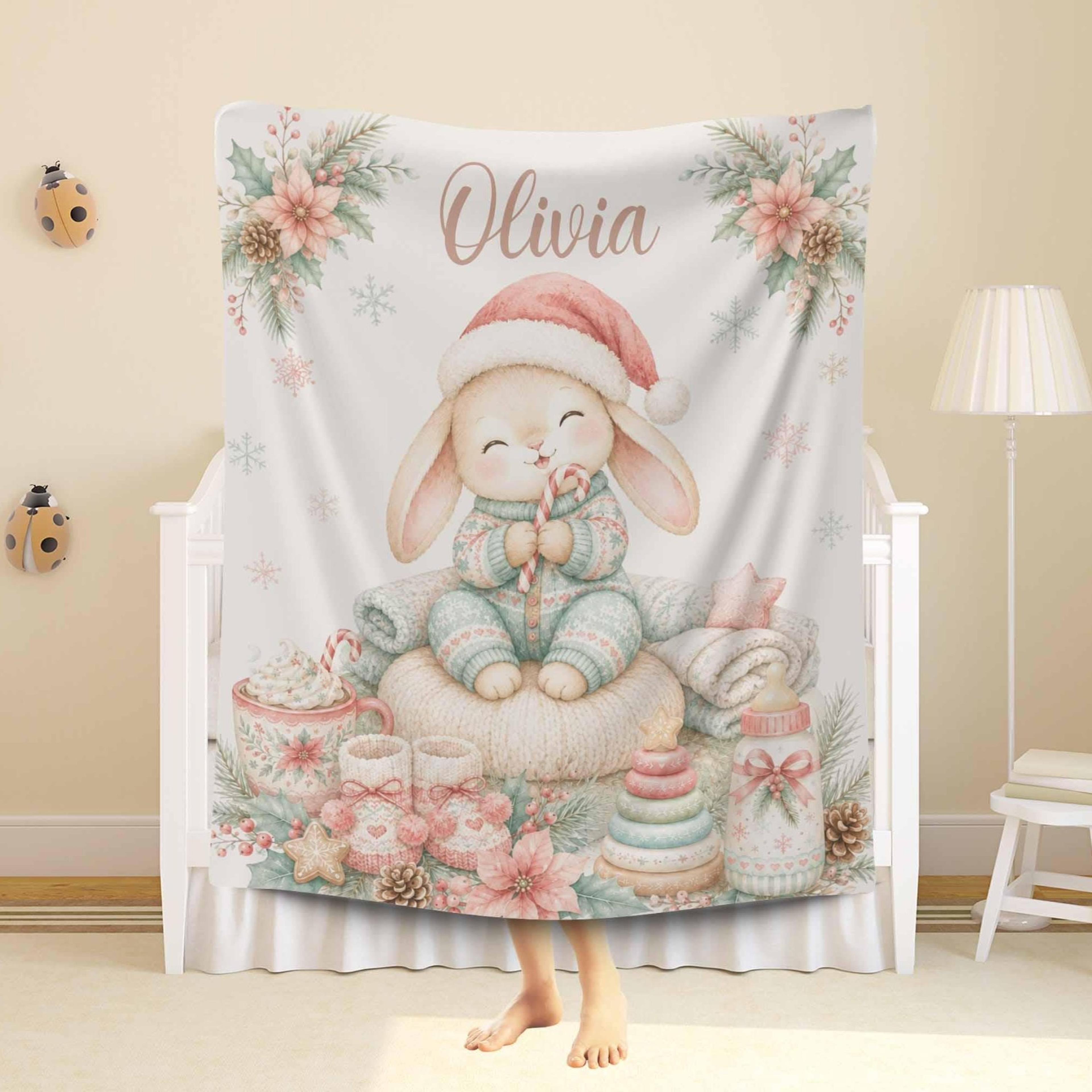 personalized bunny christmas sherpa baby blanket, custom name holiday blanket, newborn christmas gift, nursery keepsake