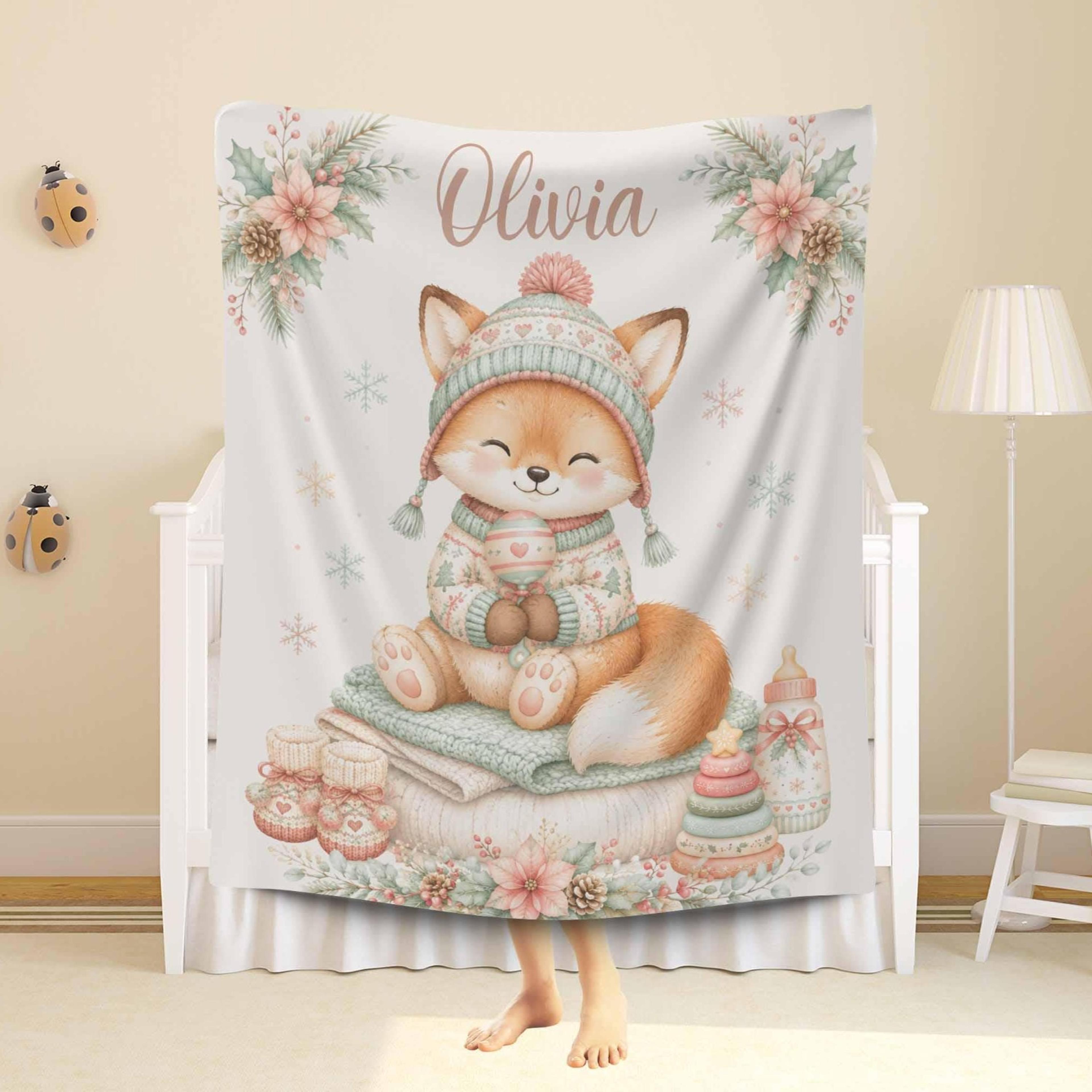 personalized fox christmas sherpa baby blanket, custom name holiday blanket, newborn christmas gift, nursery keepsake