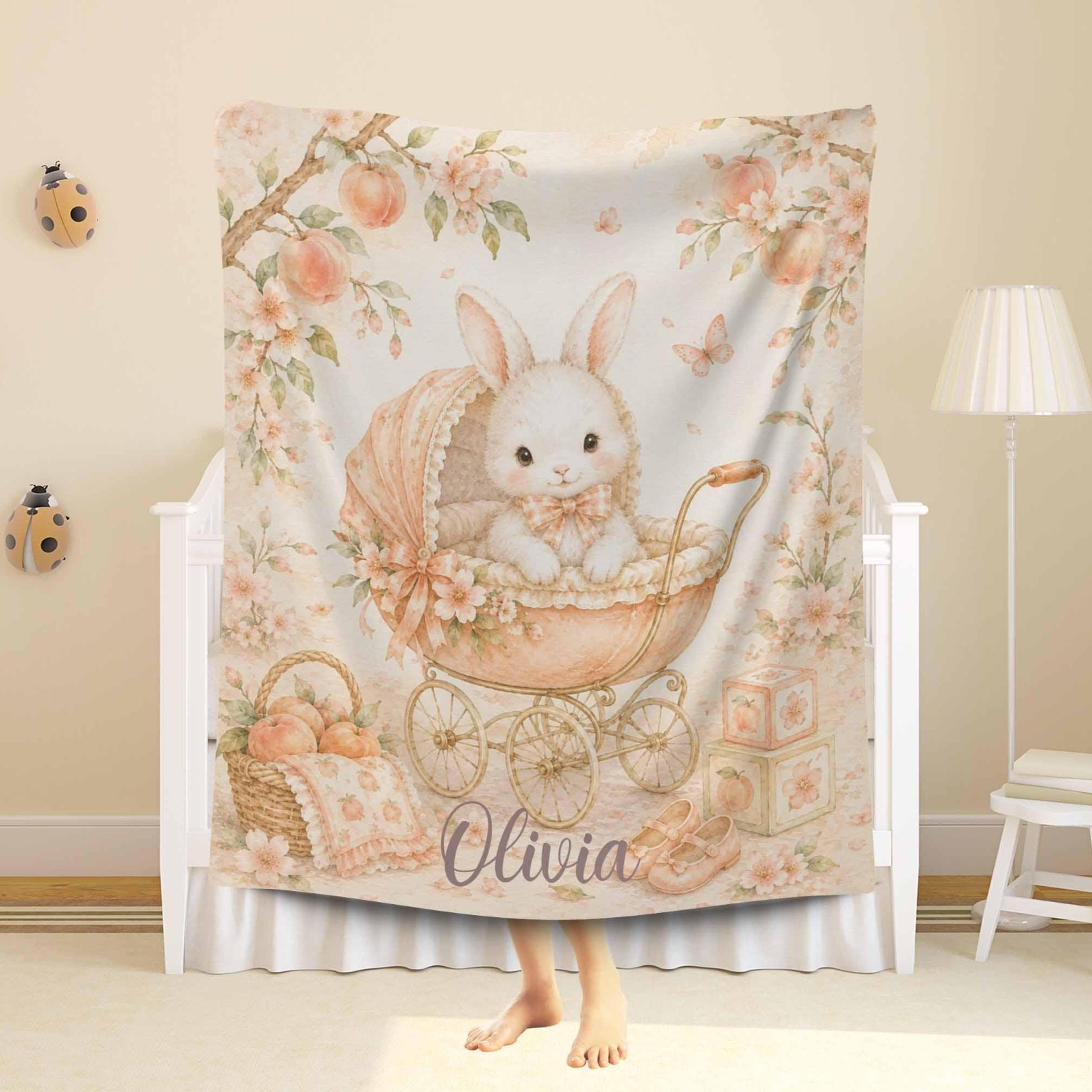 personalized bunny sherpa baby blanket, peach floral rabbit blanket, custom name nursery gift, newborn baby shower keeps