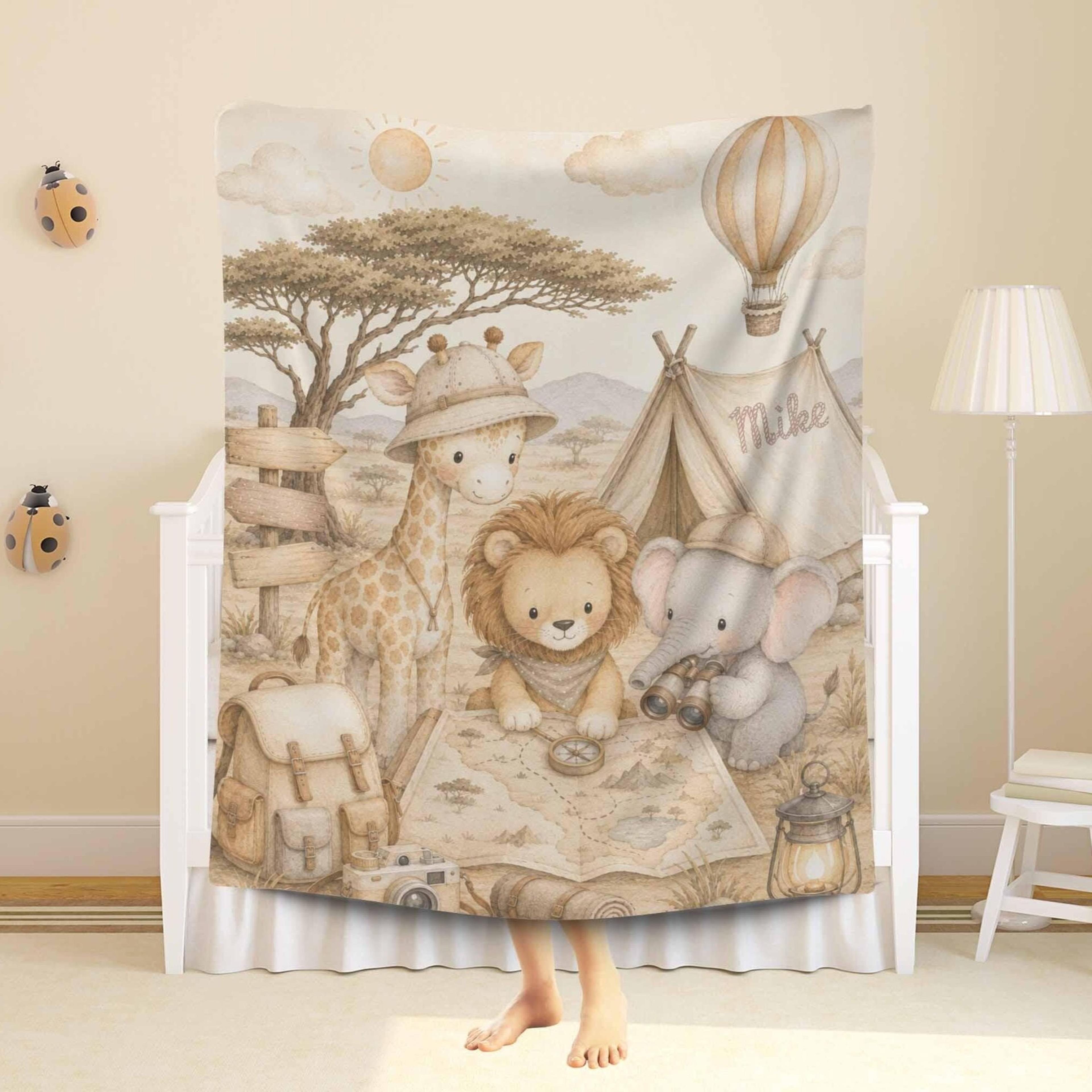 personalized safari sherpa baby blanket, little explorer jungle blanket, custom name newborn gift, safari nursery keepsa