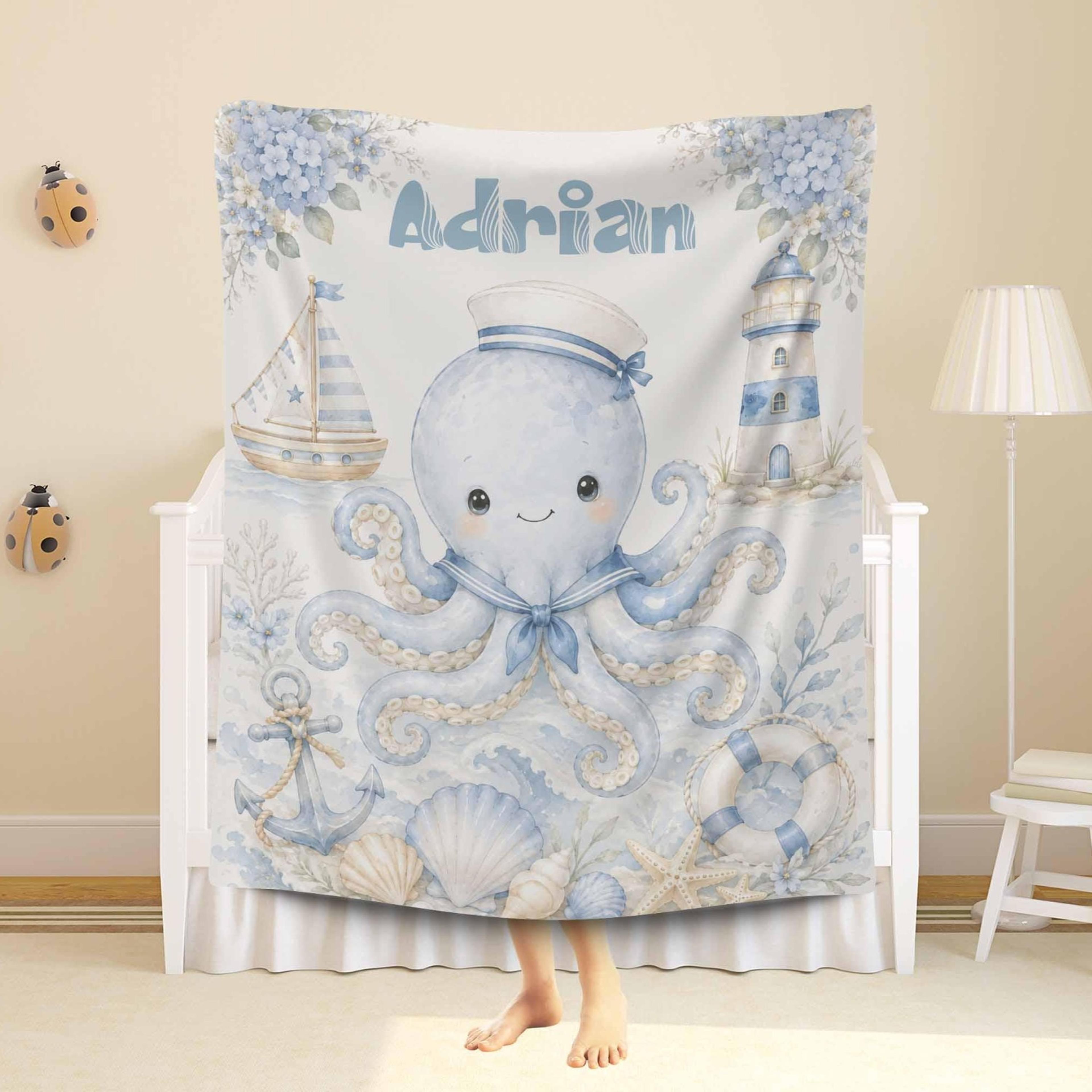 personalized octopus sherpa baby blanket, nautical ocean blanket, custom name nursery gift, sailor baby shower keepsake