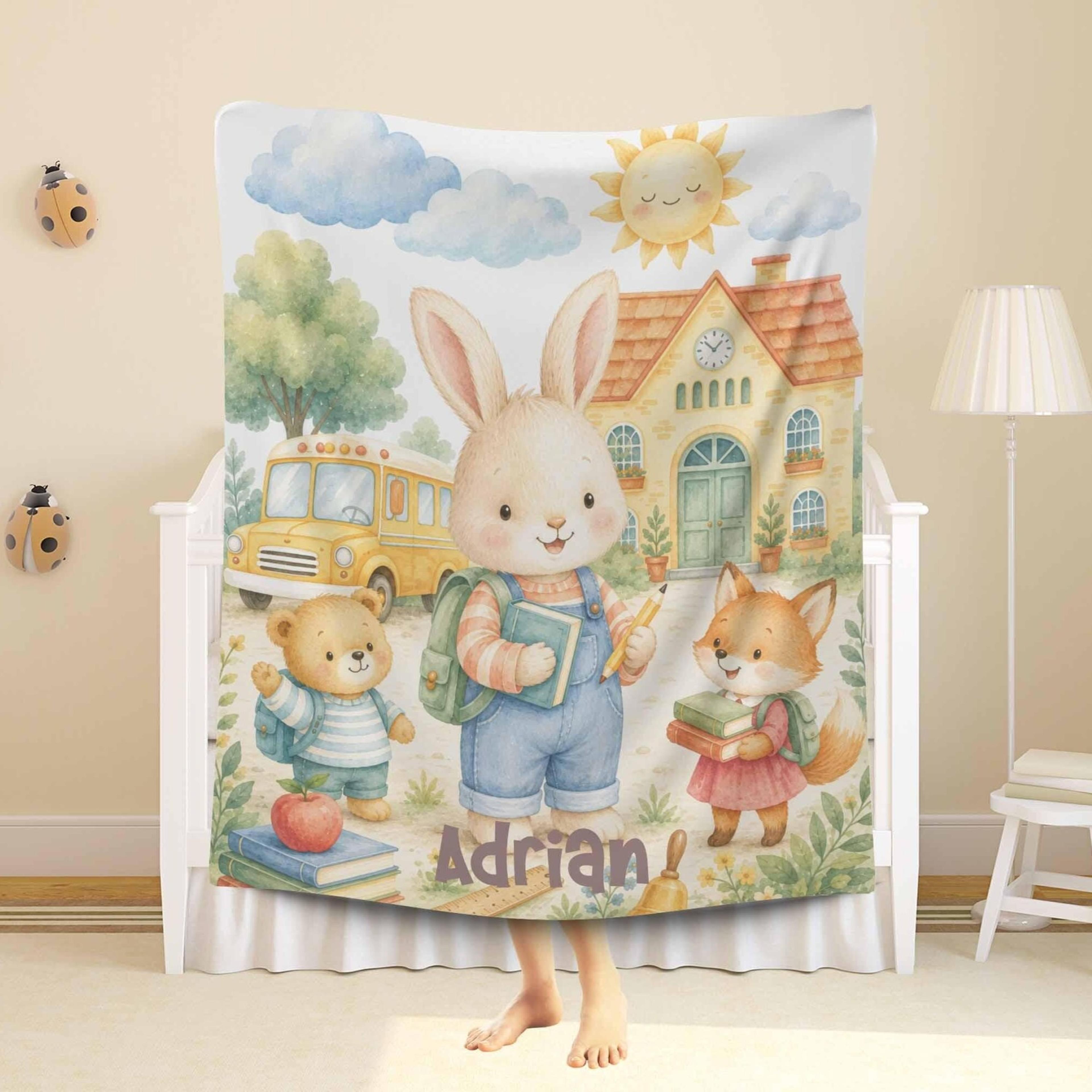 personalized back to school sherpa blanket, woodland animals kids blanket, custom name kindergarten gift, school keepsak