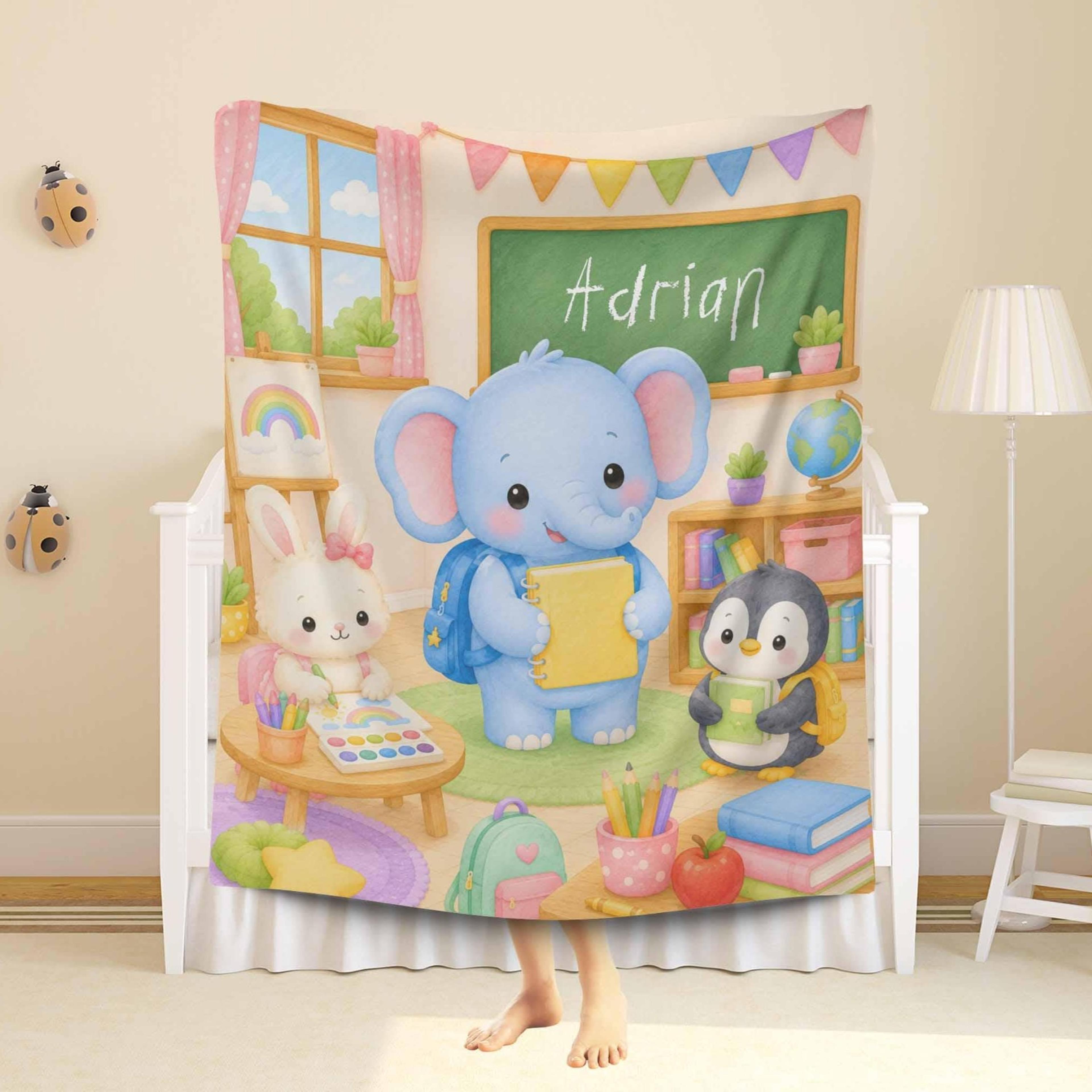 personalized back to school sherpa blanket, elephant classroom blanket, custom name kids gift, kindergarten school keeps