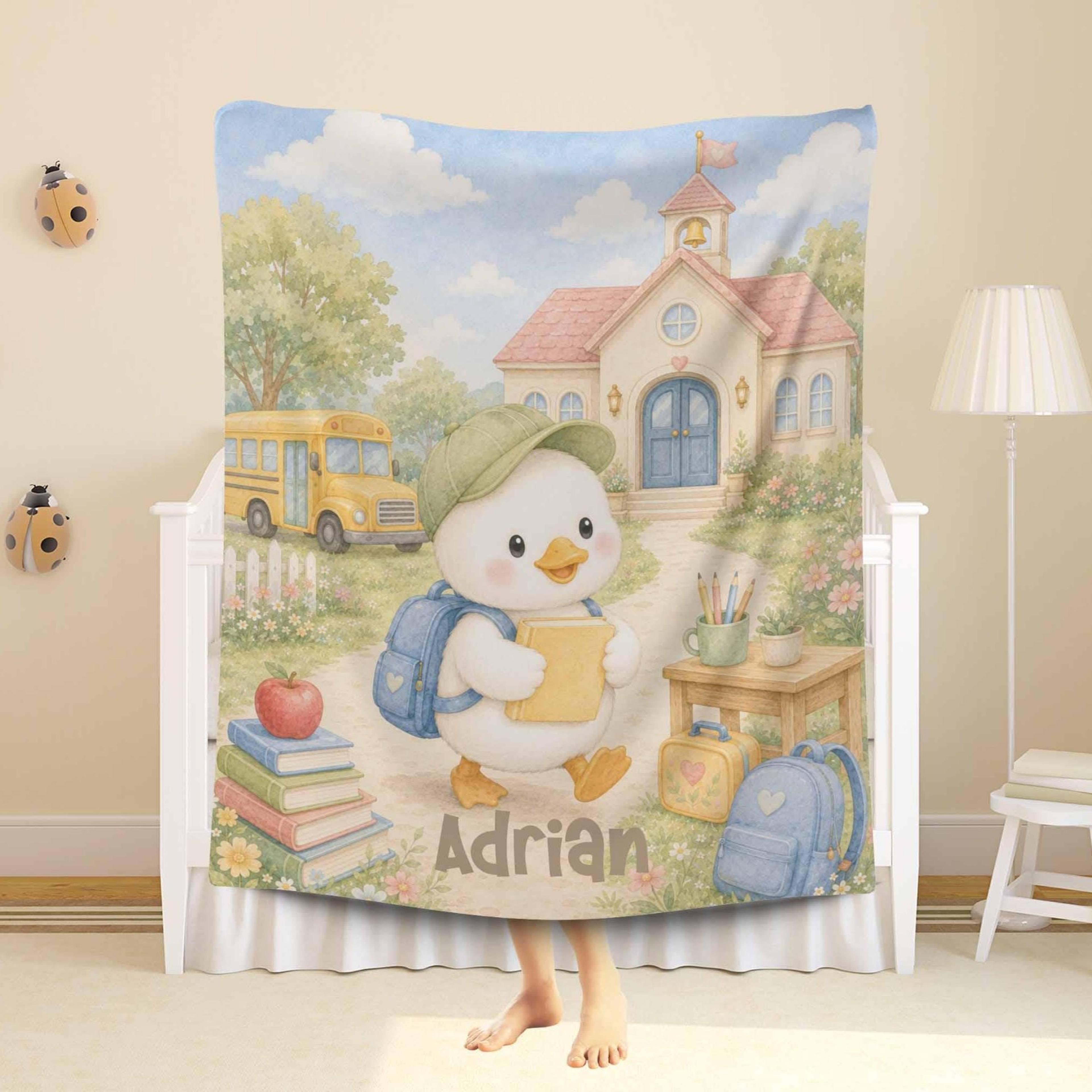 personalized duck back to school sherpa blanket, kindergarten gift, custom name kids blanket, first day school keepsake