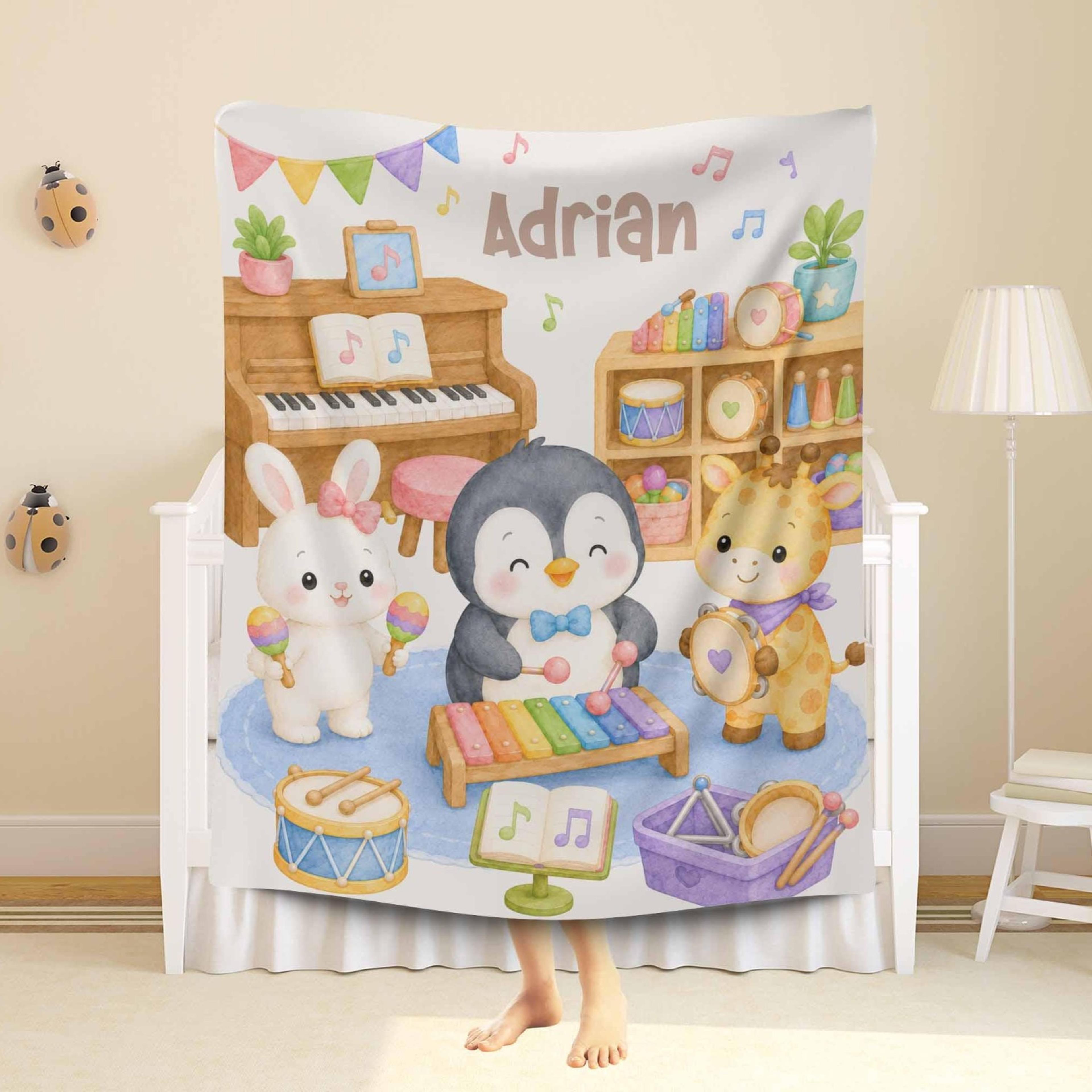 personalized music sherpa baby blanket, musical animals blanket, custom name kids gift, music class nursery keepsake
